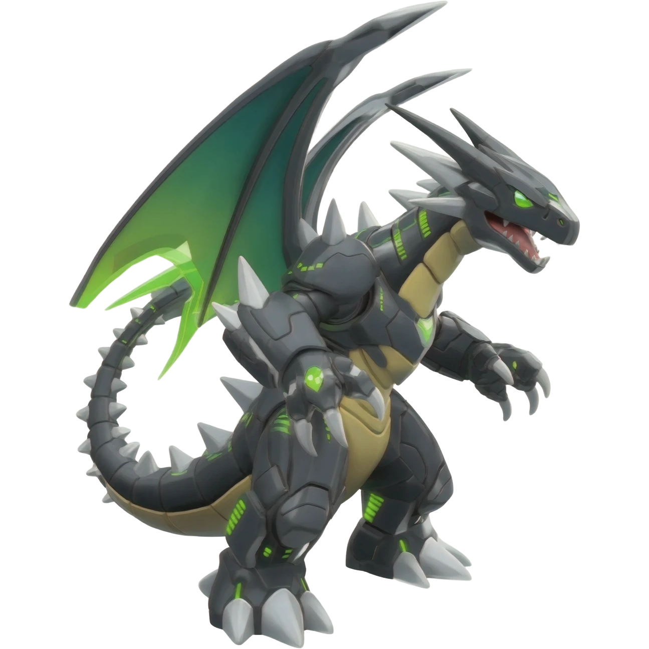 Shiny Black Grey White and Dark-Green Axew-Tyranitar-Larvitar-Flygon-Scyther-Pokémon-Fakémon-Digimon-fusion-creature, full body emoji
