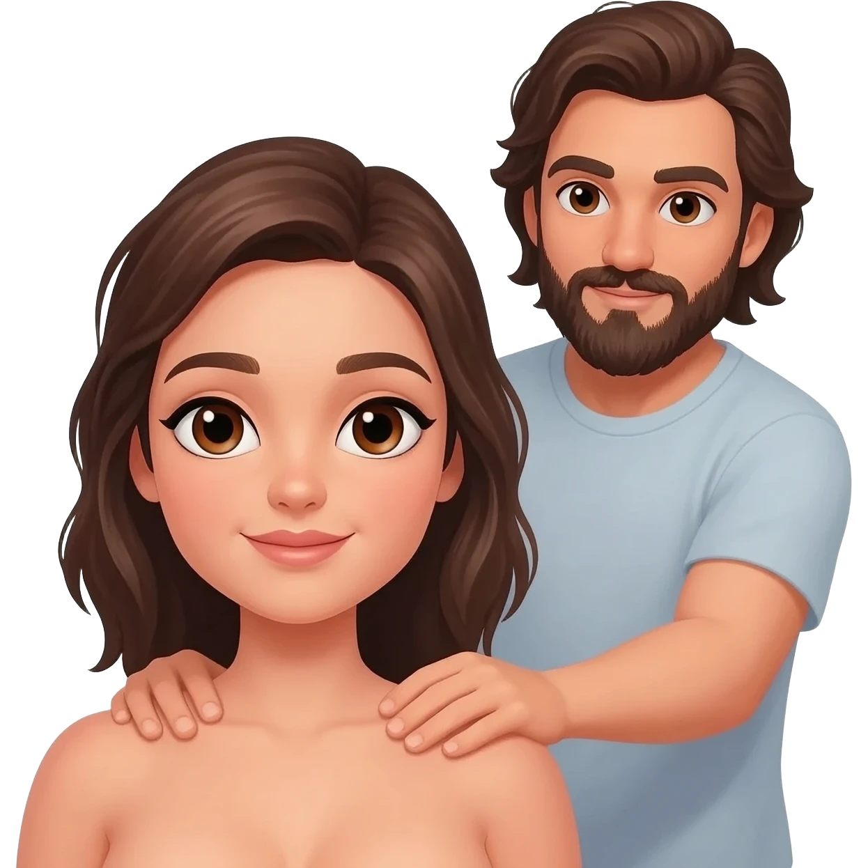 A brunette, nude, female brown eyes getting a massage from a male, brunette, brown eyes, long hair and a beard emoji