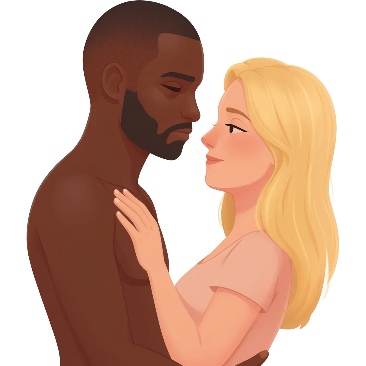 Black man with shaved head making love to blonde woman emoji