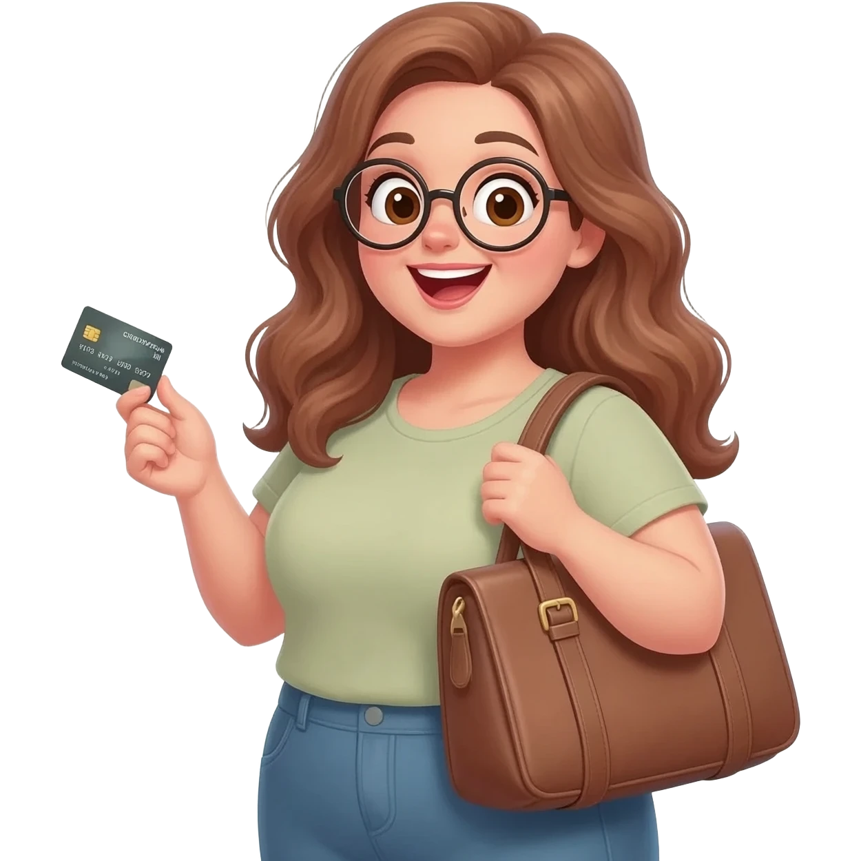 detailed emoji illustration of a curvy woman with long light chestnut brown wavy hair, light brown eyes and round glasses holding a big bag of books with a credit card in her hand, excited book lover expression, cute emoji style illustration emoji