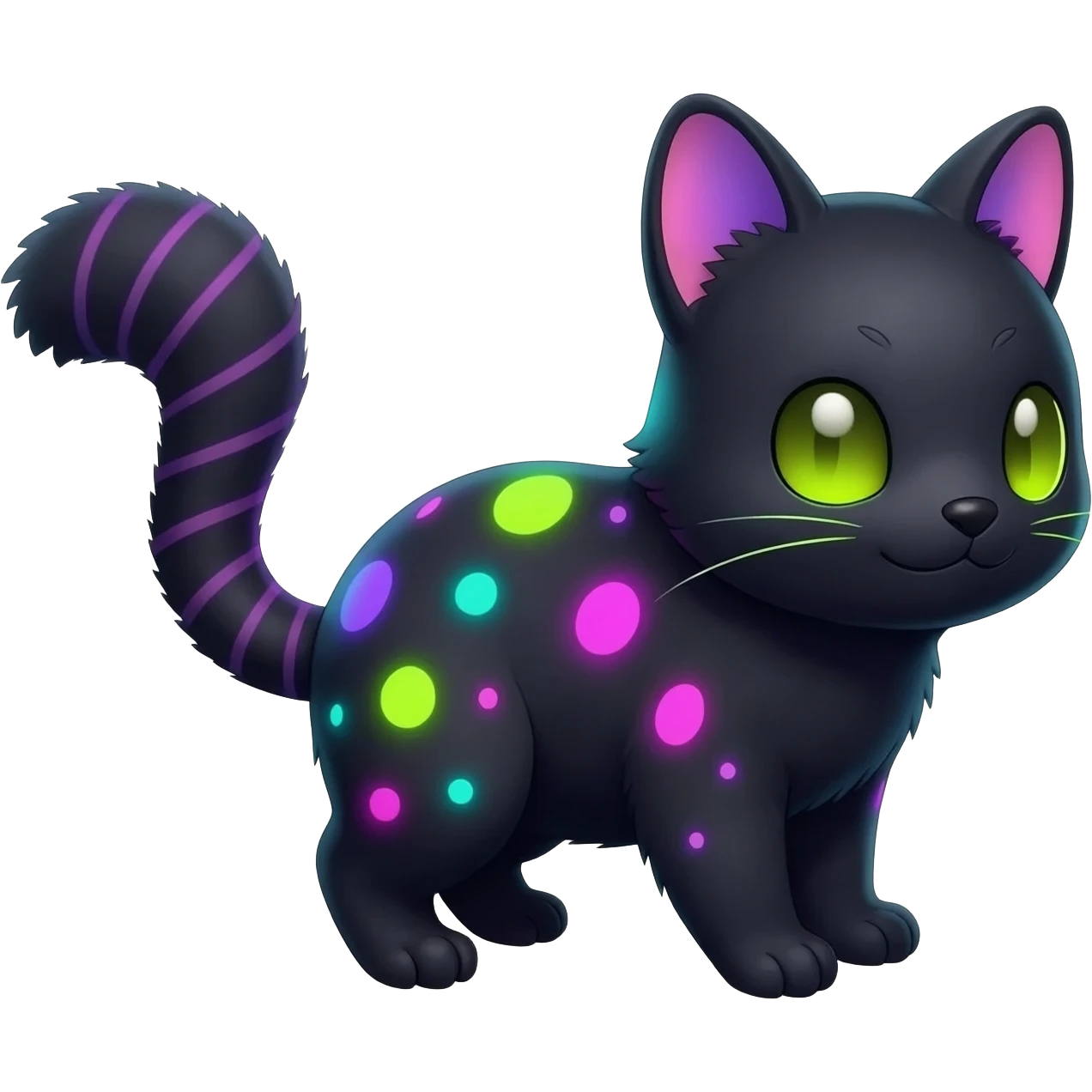  cute adorable pitch-Black-coated fur with glowing bioluminescent random colorful neon-markings divine beautiful elegant pretty precious cute young youthful  Fakémon-Pokémon-alien-opossum-feline-serval-caracal-chinchilla-Minccino-hybrid-creature with a big fluffy bushy striped tail (full body) emoji