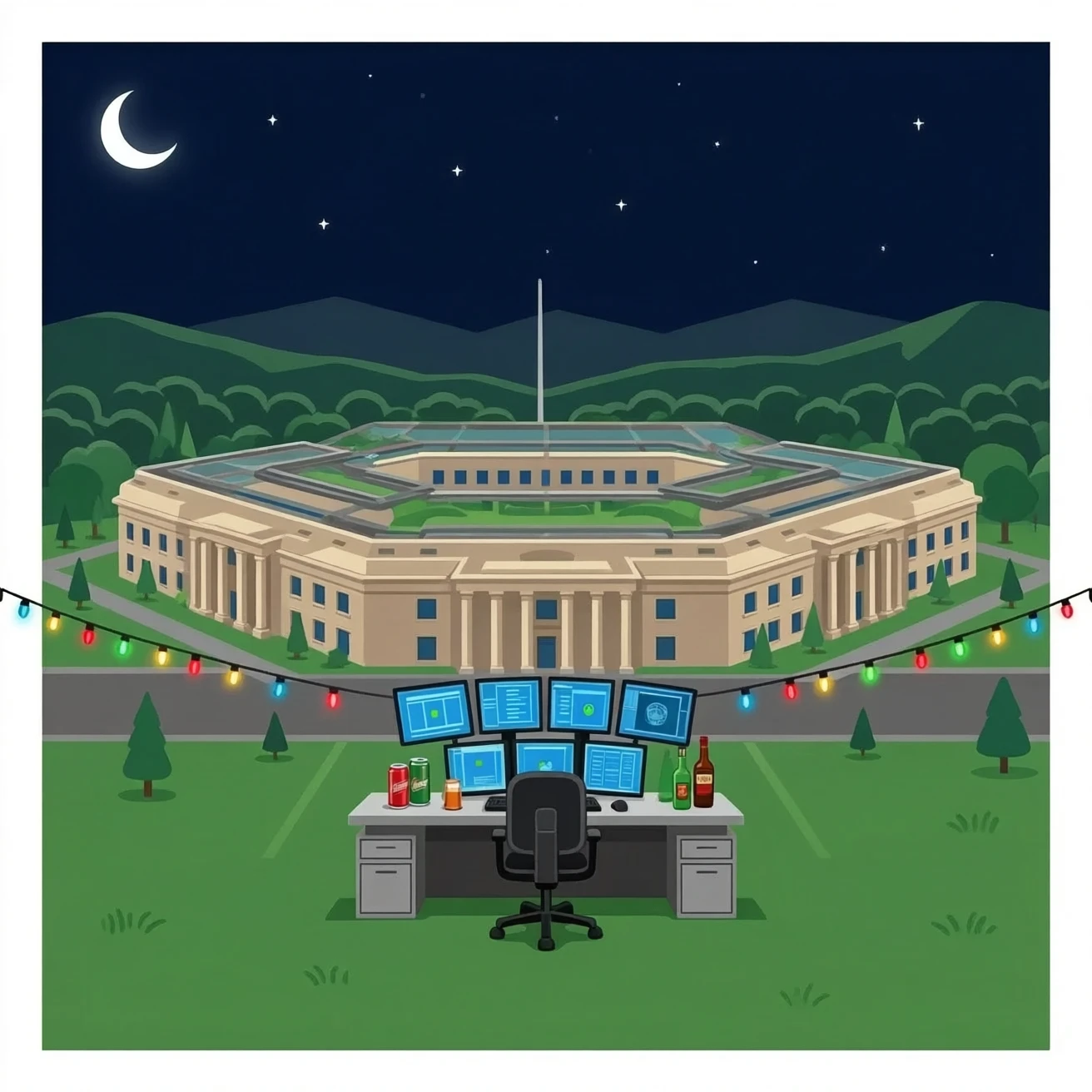the United States pentagon turned into a war room/party pad with beer cans a liquor bottles, war room with a computer command center and party lights emoji