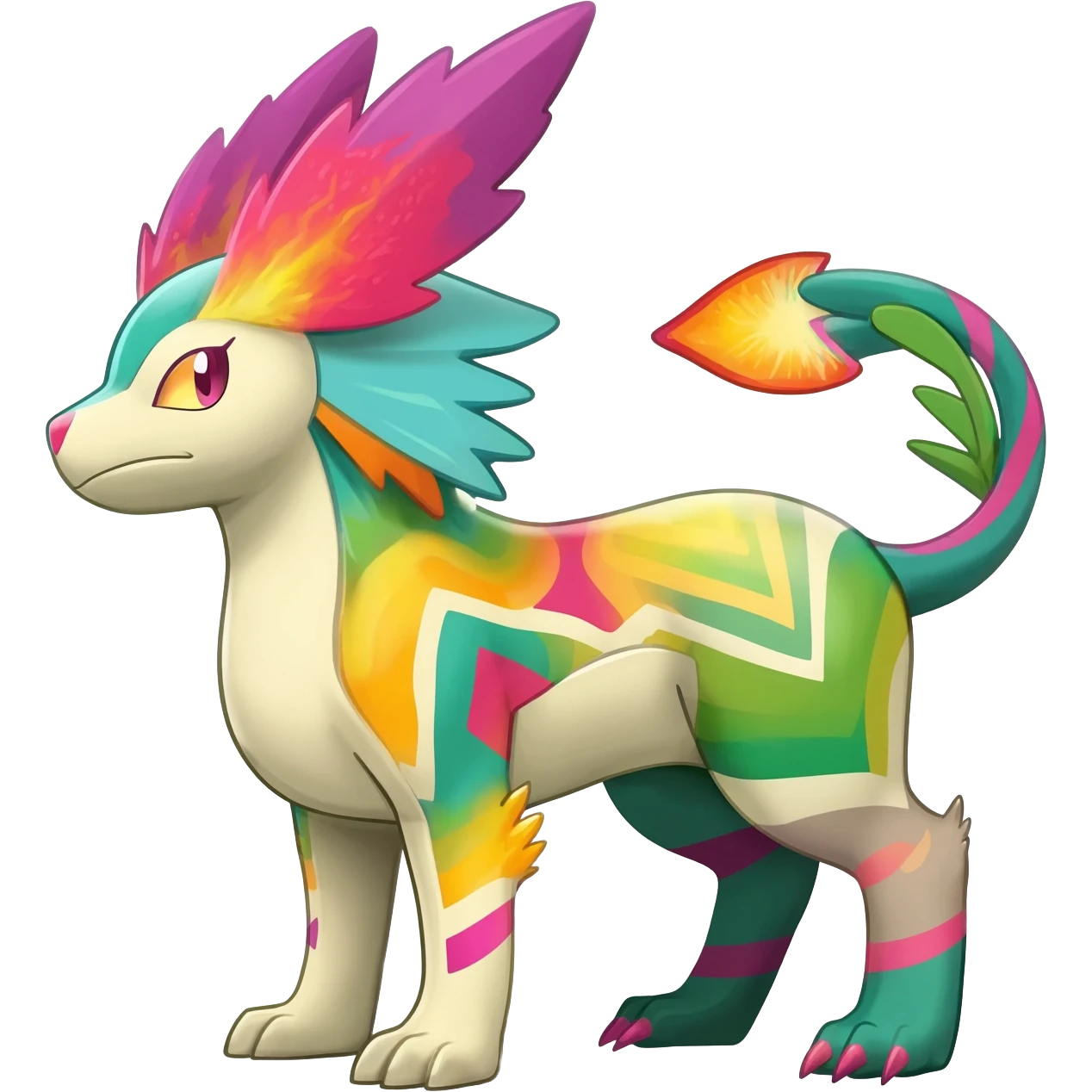 zig-zag-patterned colorful exotic fruity tribal tropical hot swirl-marked Meloetta-Dialga-Salamence-Giratina-Noivern-Pokémon-Fakémon-fusion-hybrid-creature emoji