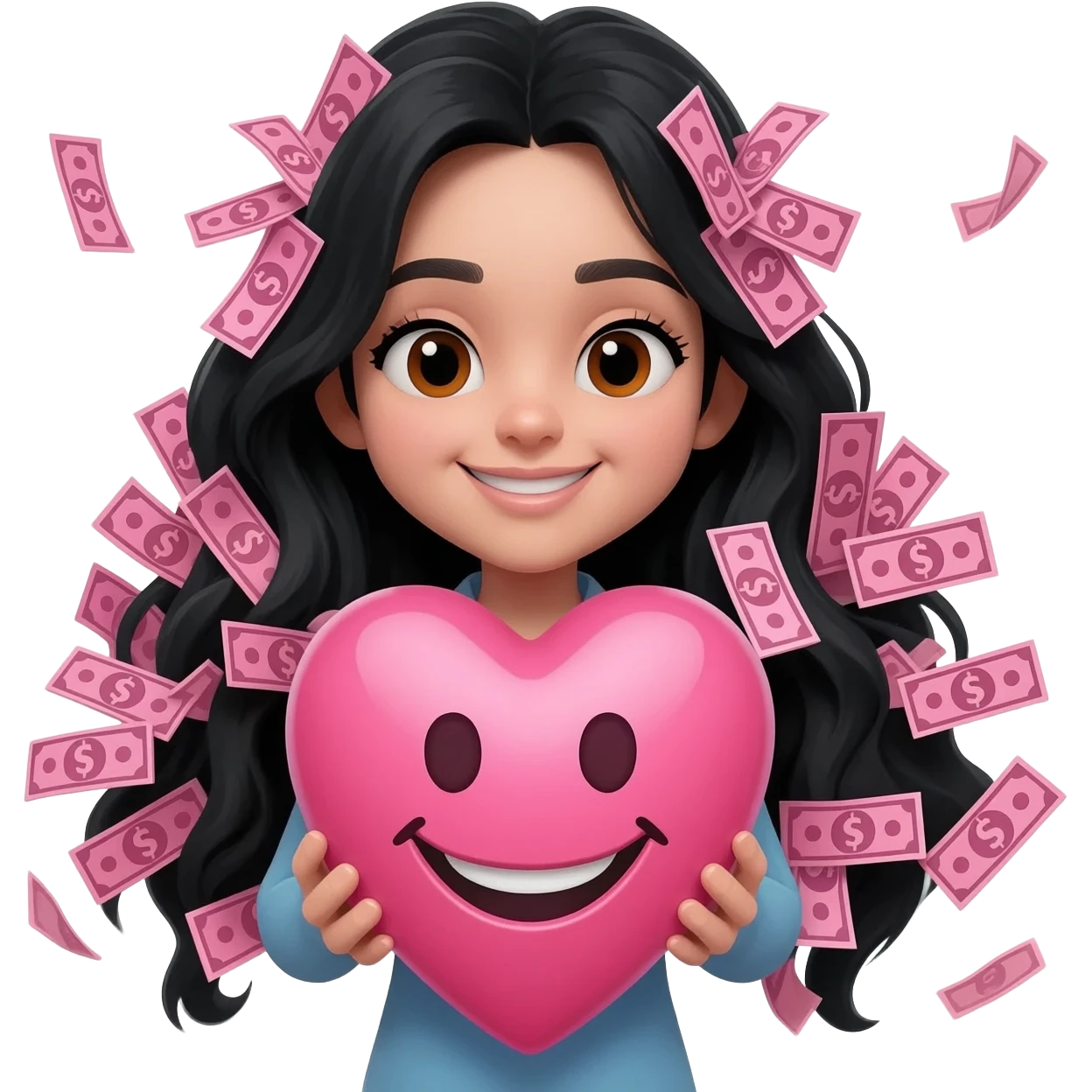 i want an emoji with a girl with pink money pieces in her hair and the rest of her hair black, i want her to be holding a pink heart with a happy face emoji
