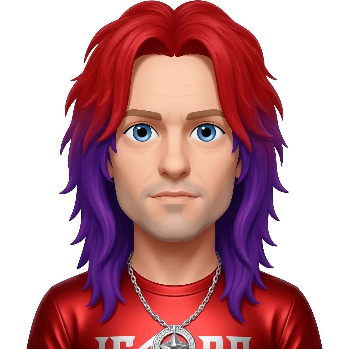 Corey Taylor with blue eyes, long red and purple hair, red metallic t-shirt, silver necklace emoji