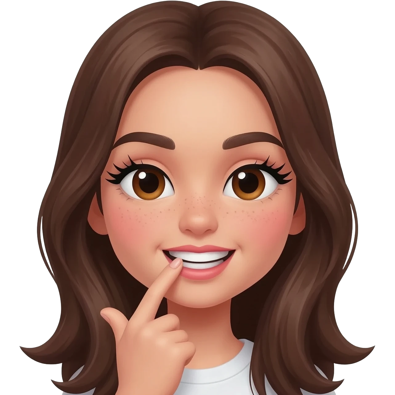 girl biting her index fingernail as if she’s flirting, long eye lashes, blush and more flirty, show her teeth emoji