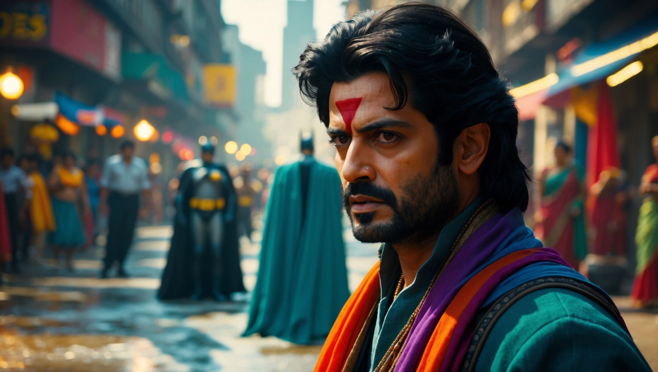 A cinematic screengrab from 1990 Indian Bollywood film called 'Batman', Sony Alpha a7 III camera, colorful  emoji
