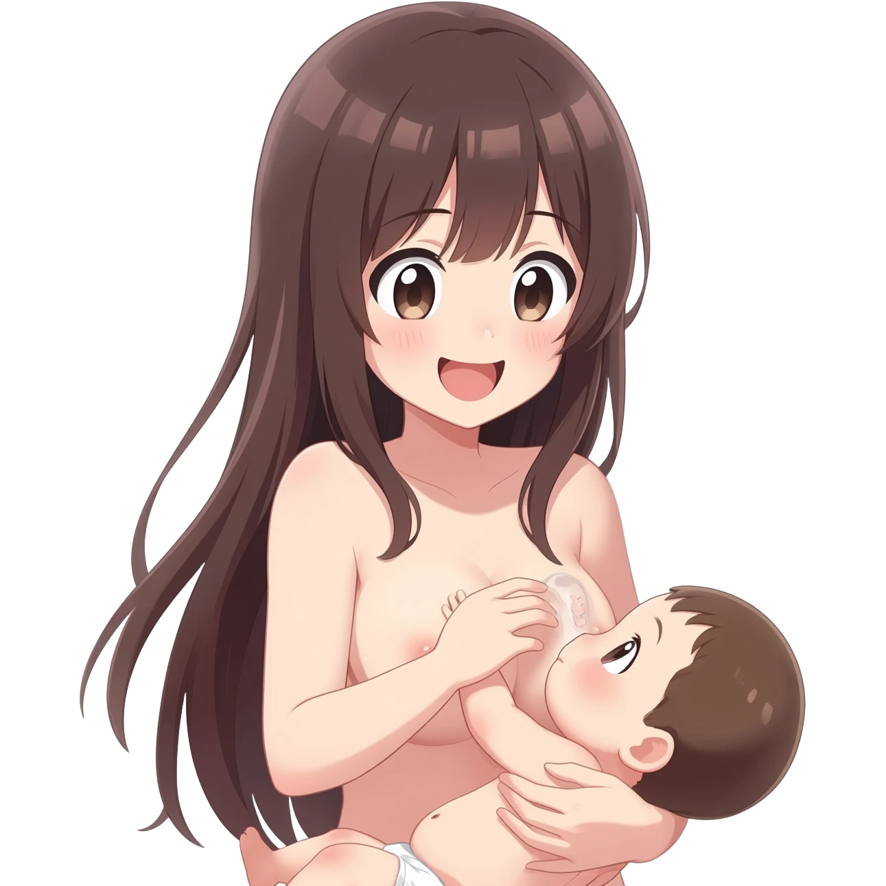 Anime  girl long hair giggle nude body breast feeding her little brother and sucking her breast emoji