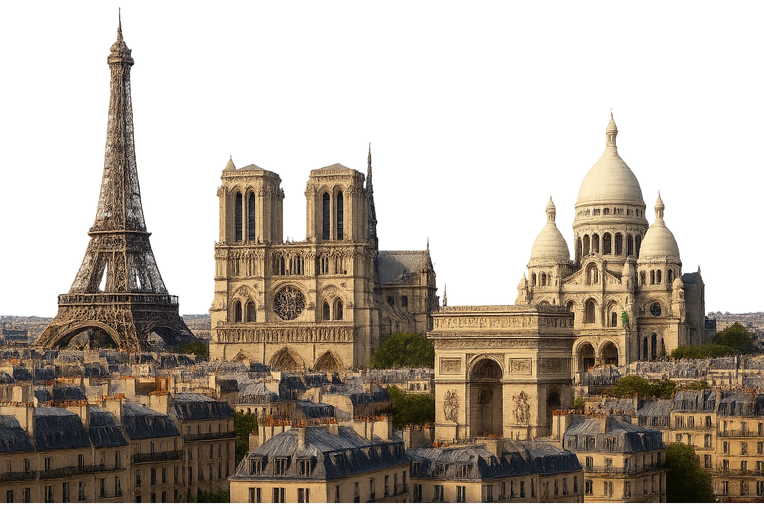 cinematic, realistic emoji of Paris featuring its iconic skyline and major landmarks such as the Eiffel Tower, Notre-Dame Cathedral, Arc de Triomphe, and Sacré-Cœur, with lifelike detail, accurate colors, bright daytime lighting, wide city view, no sky, no clouds, fully transparent background emoji