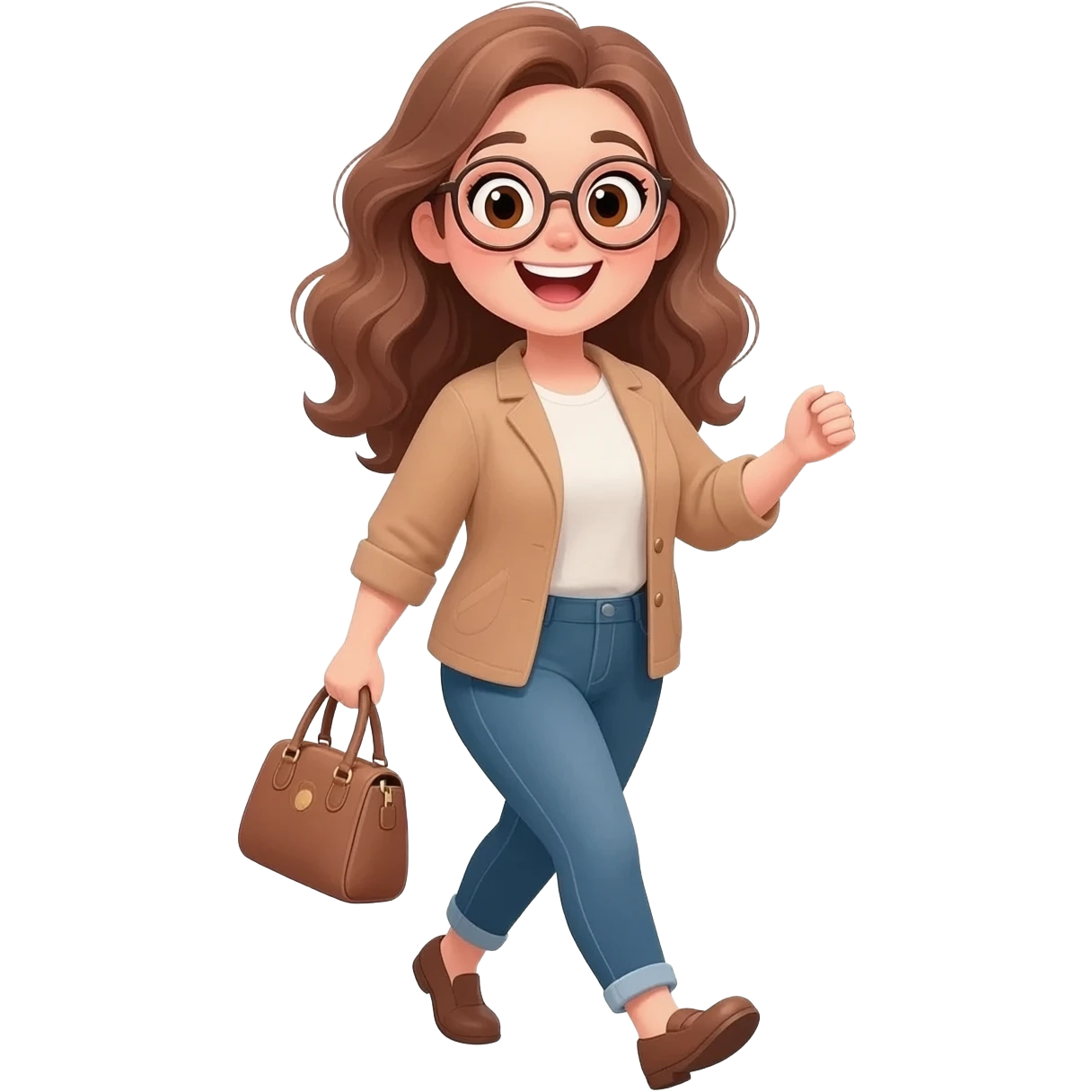 detailed emoji illustration of a curvy woman with long light brown wavy hair, light brown eyes and round glasses walking to a bookstore, carrying a handbag, happy and excited expression, cute emoji style illustration emoji
