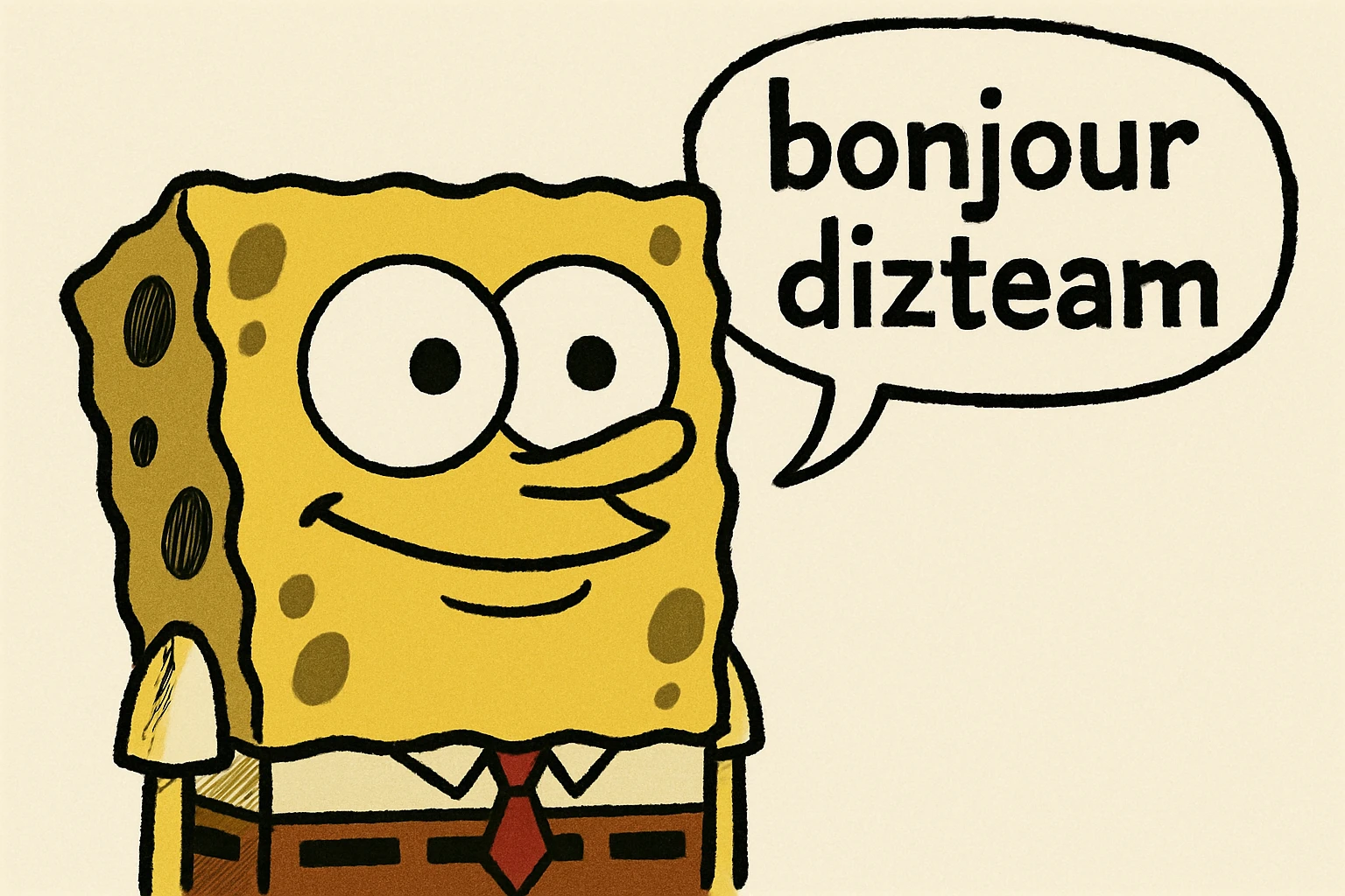 sponge bob qui dit " bonjour dizteam ( avec une bulle de bd )  emoji