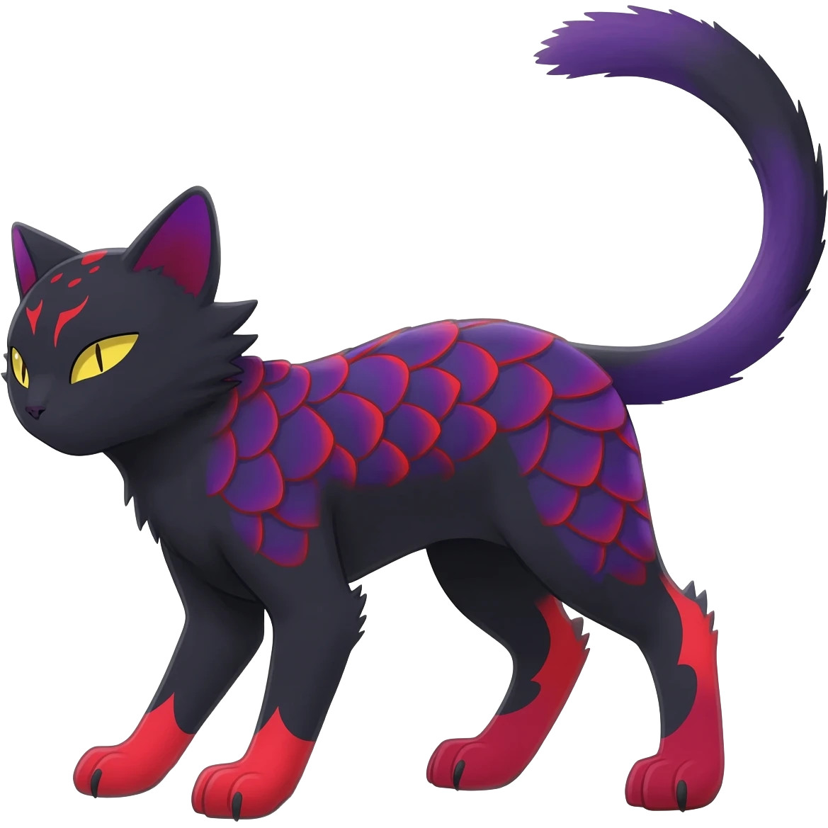 Black edgy Noibat-Purloin-Torracat-Lykoi-Caracal-cat-Fakemon-fusion-hybrid-creature with violet and red scale markings emoji