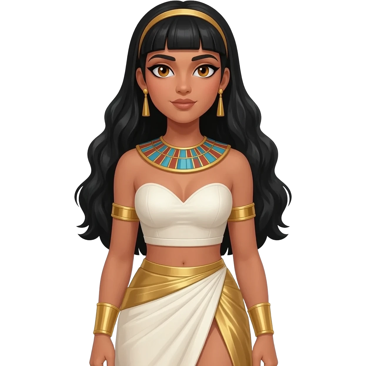 Cleopatra with hazel eyes, long black hair, ivory metallic sweetheart crop top, ivory metallic long asymmetrical skirts, gold necklace and earrings emoji