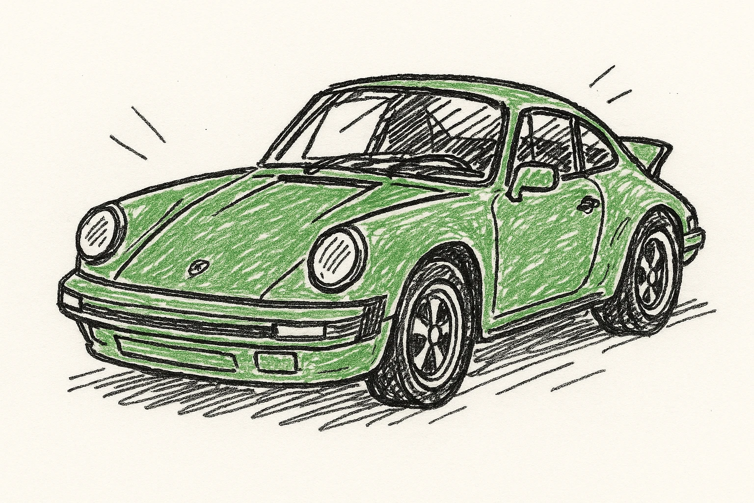 green porsche 911, black doodle, hand drawn emoji