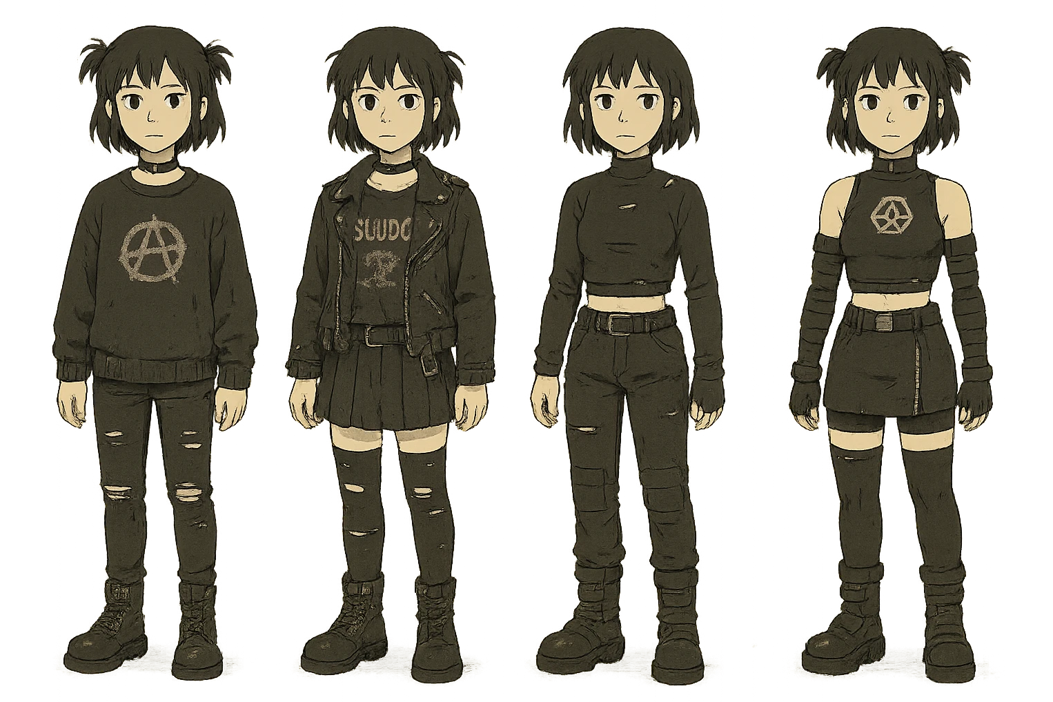 outfit designs for a VTUBER OC. The style is mixed 90's grunge, punk, lots of black and white in the color scheme, futuristic aesthetic. Clothing has small rips and tears from wear, logos and designs are faded. Garage, Shoegaze, postmodern style. character design concept art outfits for a female. [[FUTUREPUNK CYBERGOTH]] front on view, not 3/4 angle or any angle, perfect front emoji