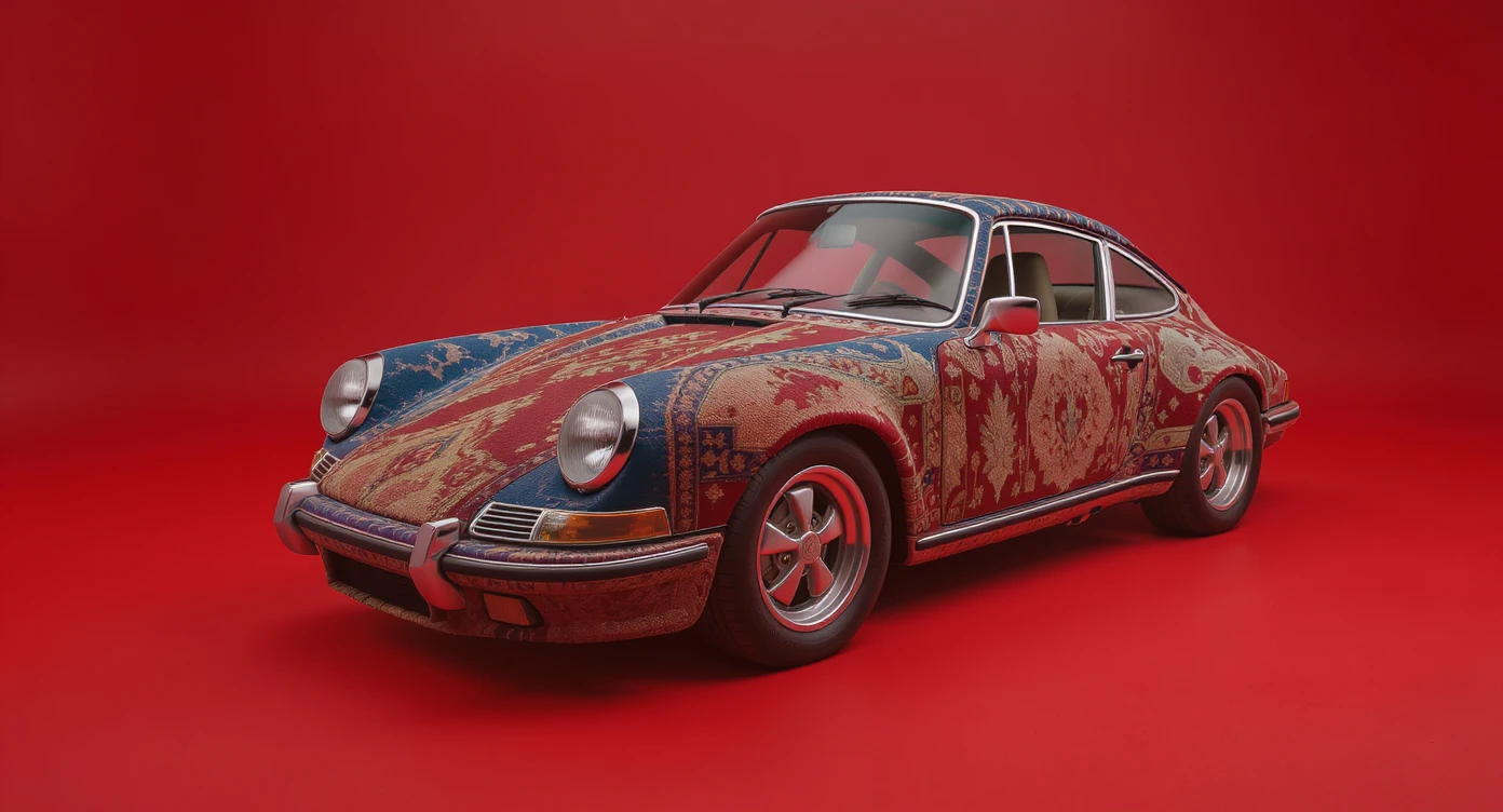 Closeup shot of a porsche 911, body of car made of russian carpet with patterns, red solid studio background,top low key light, dutch angle, haze, captured by ARRI 65 emoji