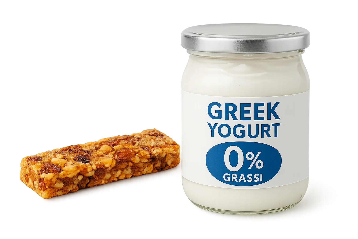BARRETTA ENERGETICA E BARATTOLO DI YOGURT GRECO CON  LA SCRITTA "0% grassi" SULL'ETICHETTA  , ISOLATA SU SFONDO BIANCO emoji