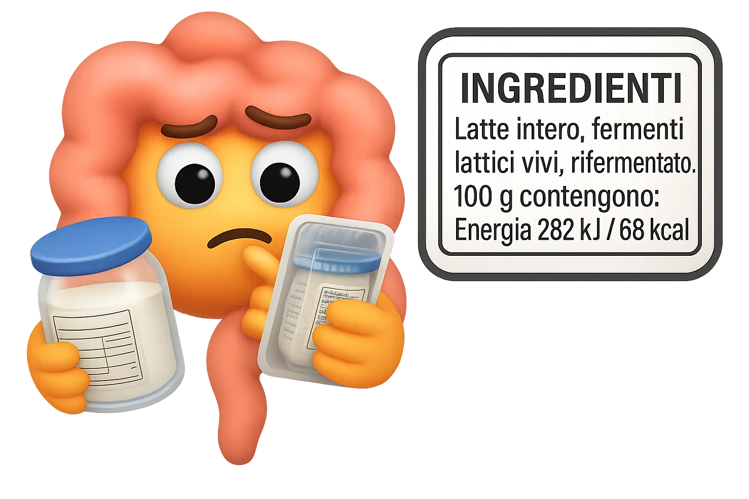 EMOJI STILE IPHONE 3D DI UN INTESTINO CHE HA IN MANO UN BARATTOLO DI YOGURT CONFEZIONATO DA SUPERMERCATO E LEGGE L'ETICHETTA NUTRIZIONALE CON GLI INGREDIENTI IN ITALIANO, ACCANTO ALLO YOGURT CHE HA IN MANO C'è UN FOCUS SULL'ETICHETTA CON GLI INGREDIENTI SCRITTI emoji