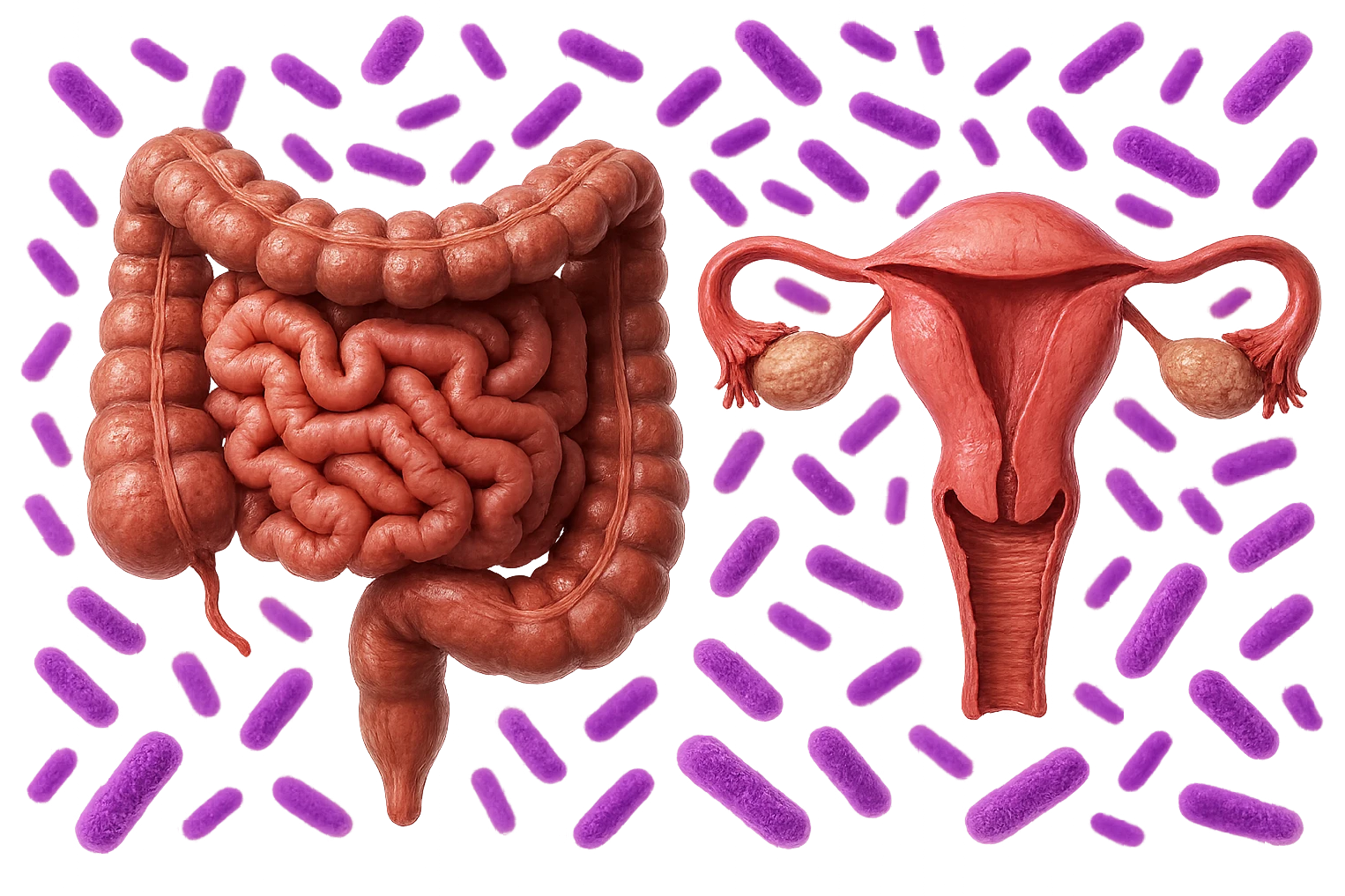 intestino umano anatomico realistico accanto ad un utero umano anatomico realistico, dietro i due organi fluttuano batteri intestinali con questo colore: #971ef1, iperrealistico 4k
isolata su sfondo bianco emoji