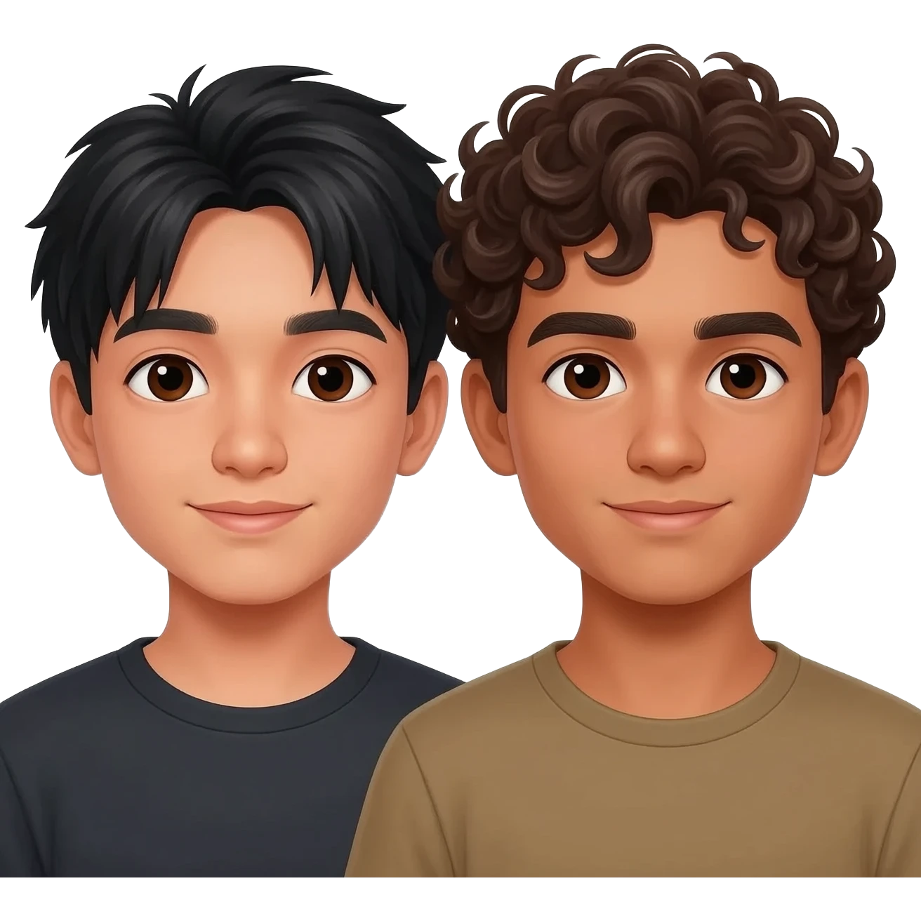 2 boys in love. One Asian a light tan with black hair and one Mexican with curly brown hair light brown tan skin. Both dark brown eyes emoji