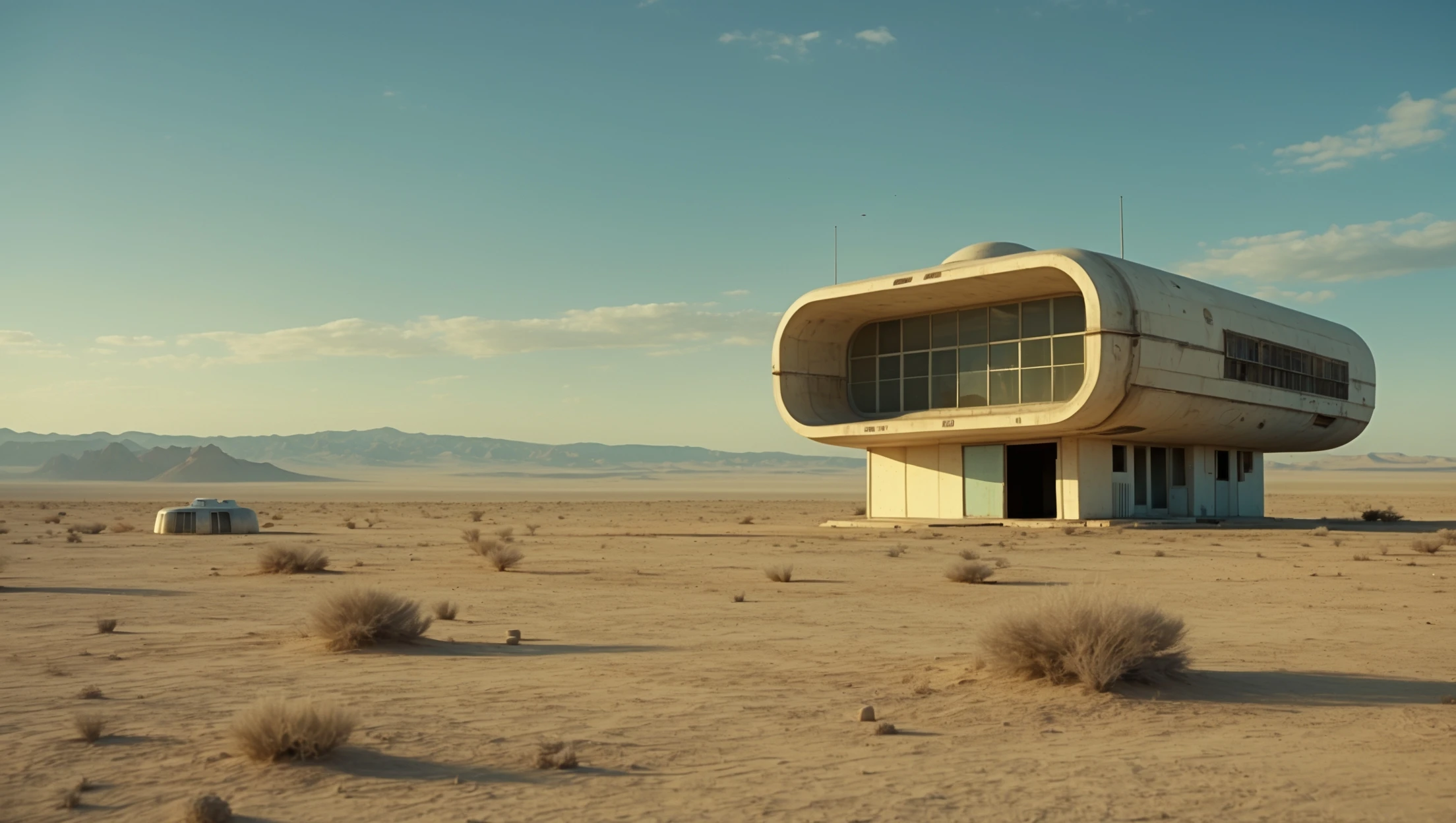 Cinematic still from 1990s Retro Space movie, film called Retro Futurism, Establishing scane showing desert with single small abandon futuristic bulding, big landscape in background showing loneliness emoji
