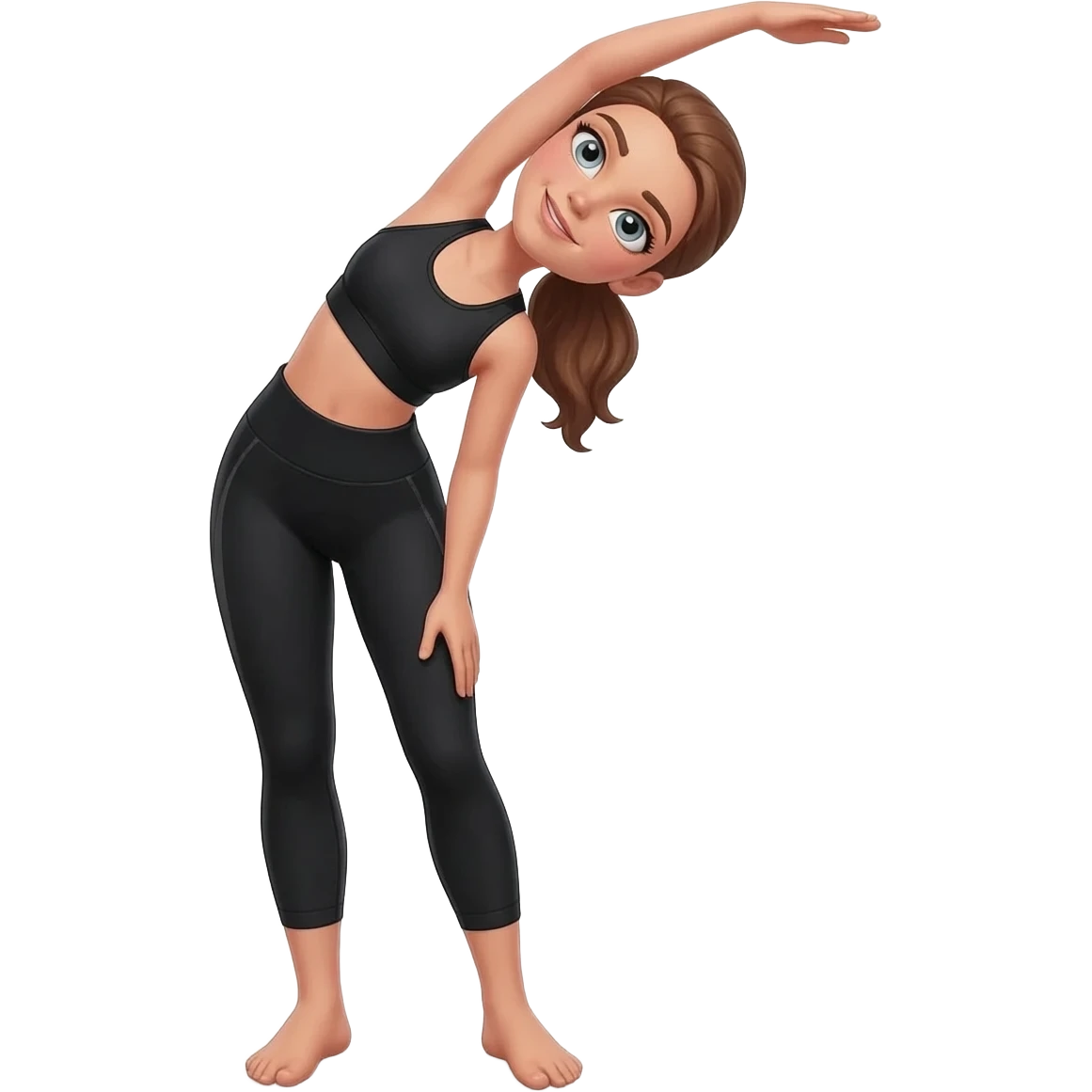 standing side bend, fair-skinned woman, light gray-blue eyes, ash brown brows, ash light brown hair tied back, slim athletic body, black workout set emoji