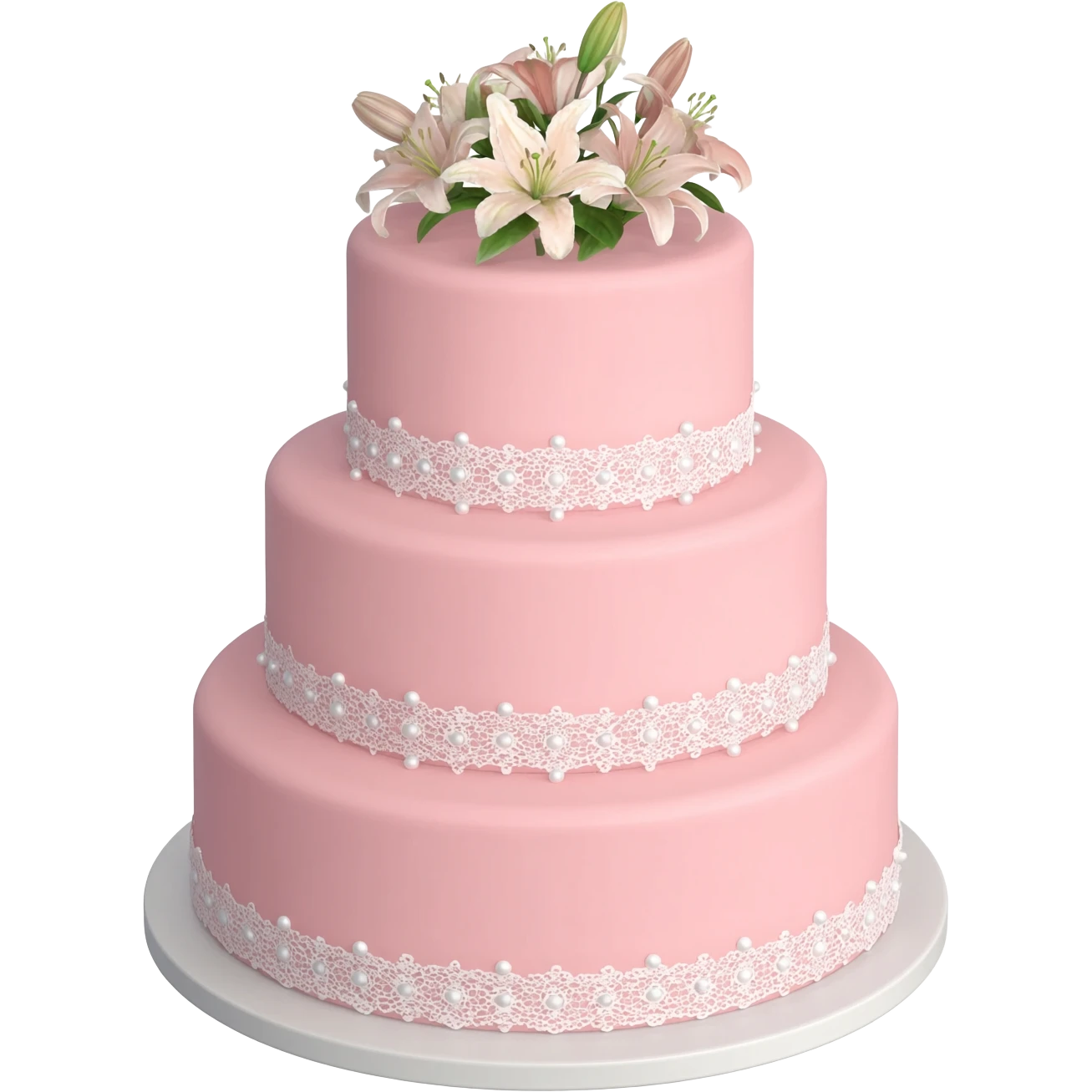 Pastel pink wedding cake with and with white lace, pearls and lilies on top emoji