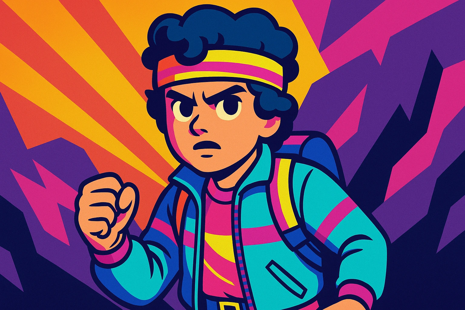 Stranger Things inspired character, 1980s kid with retro clothes and a determined expression, vibrant toon style, wide aspect ratio 16:9 emoji