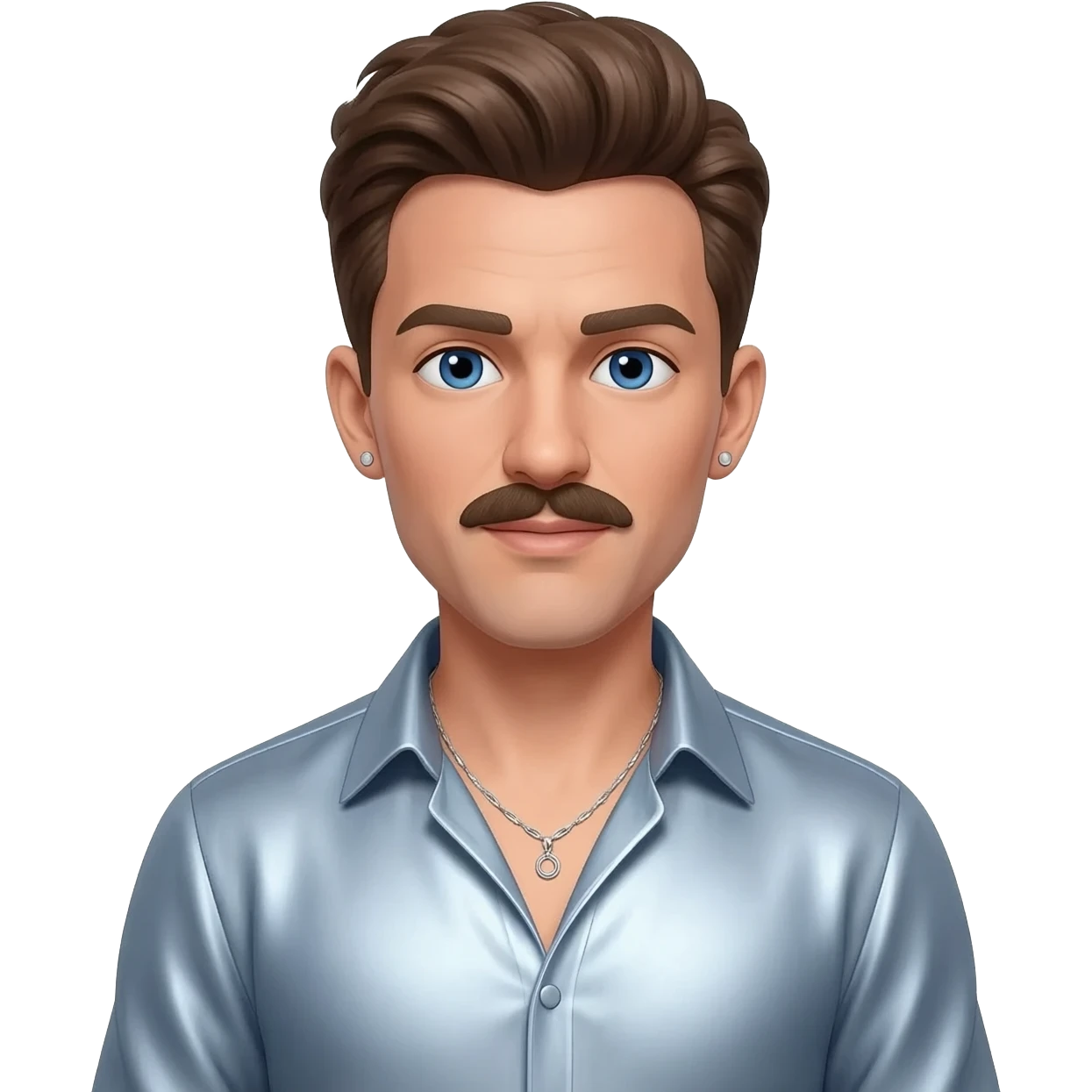 Benson Boone, Pop Singer (b.2002) with blue eyes, medium brown hair and short mustache, light steel blue metallic open shirt, silver necklace and short earrings emoji