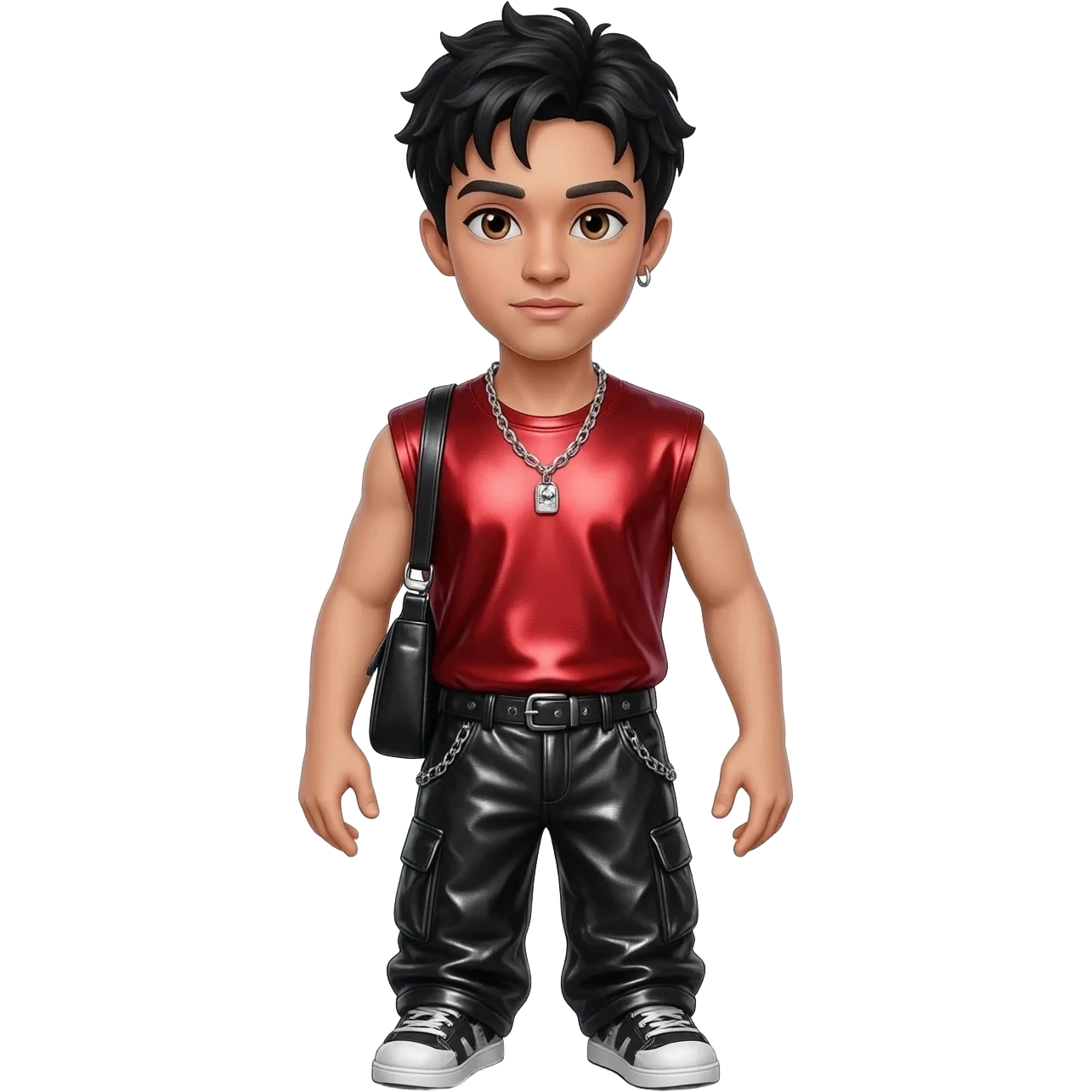 Dylan from Bratz with hazel eyes, black hair, red metallic sleeveless shirt, black metallic baggy pants, silver necklace emoji