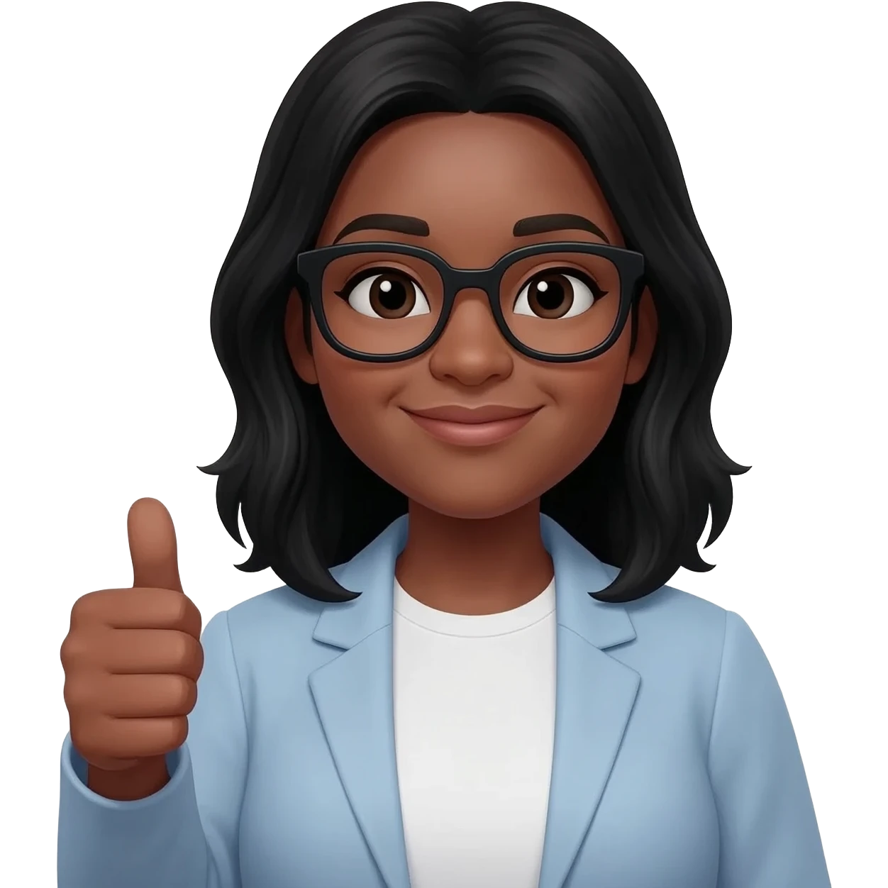 african american woman, black hair past shoulder, with glasses, a little heavy set, doing a thumbs up sign emoji