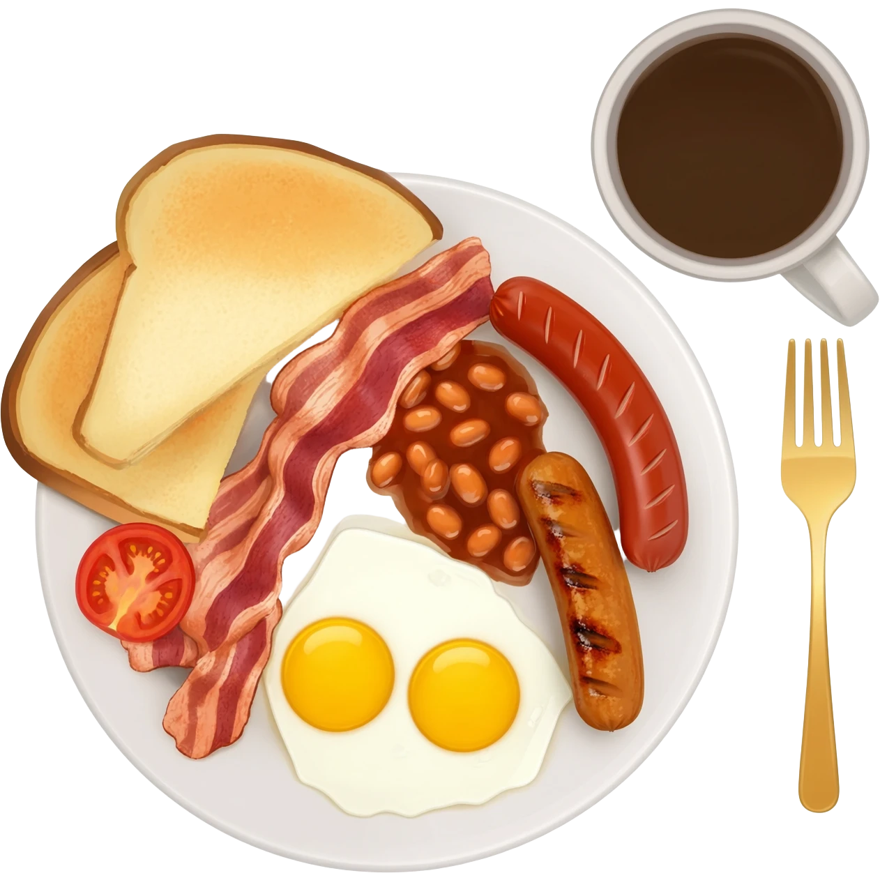 English breakfast full English breakfast with two eggs, bacon, sausage, beans, toast, and tomato оn a beautiful white plate with a gold fork and cup of coffee emoji