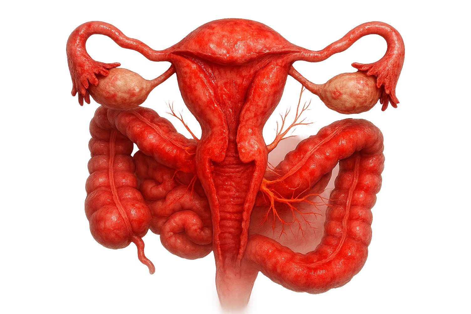 utero umano anatomico iperrealistico e intestino umano anatomico iperrealistico hanno in comune il dolore e l'infiammazione, rendi bene il collegamento tra i due organi doloranti, falla iperrealistica, non disegnata emoji
