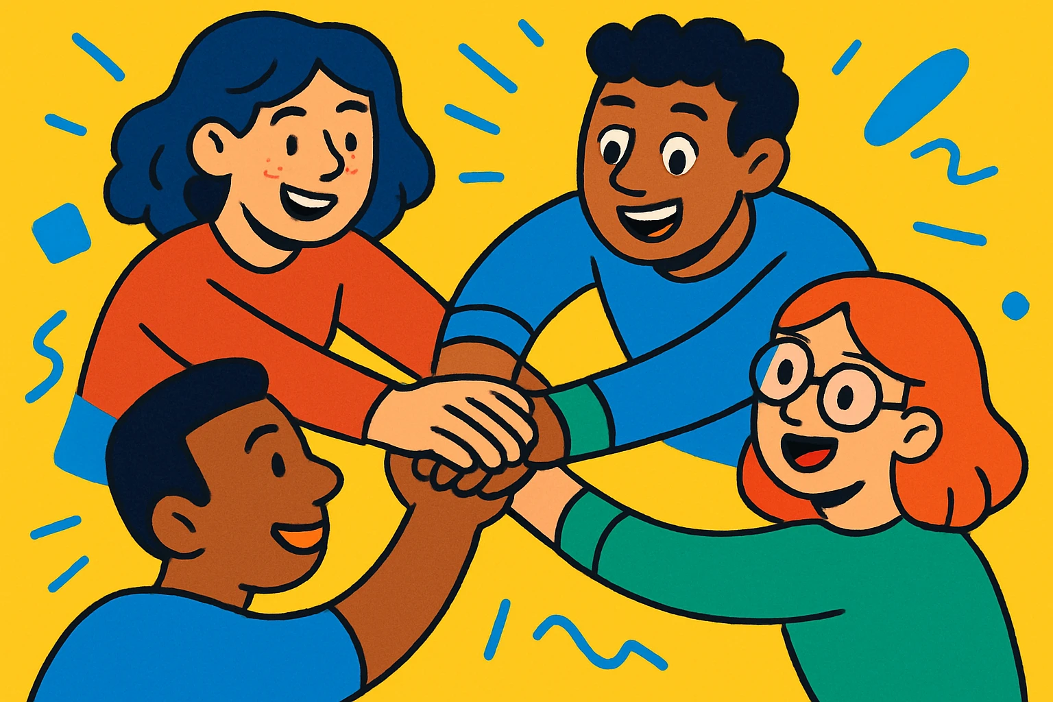 team collaboration, people joining hands in a circle, vibrant and energetic, cartoon style emoji