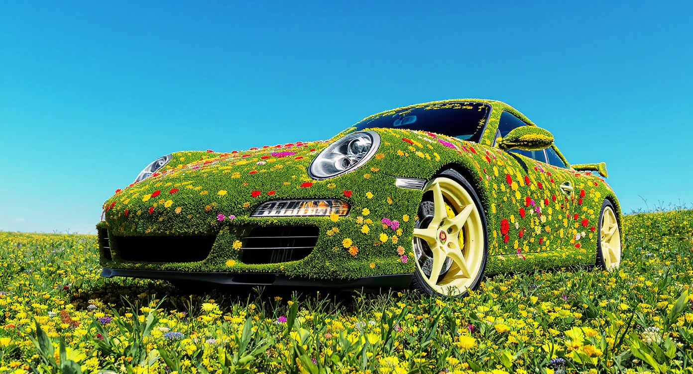 Closeup shot of a porsche 911, body of car made of grass and big colorfull flowers, green hill grass, blue clear sky, dutch angle, captured by ARRI 65 emoji