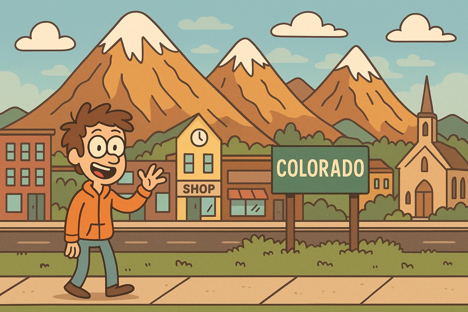 cartoon-style Colorado cityscape nestled at the base of dramatic mountains, playful and bright emoji