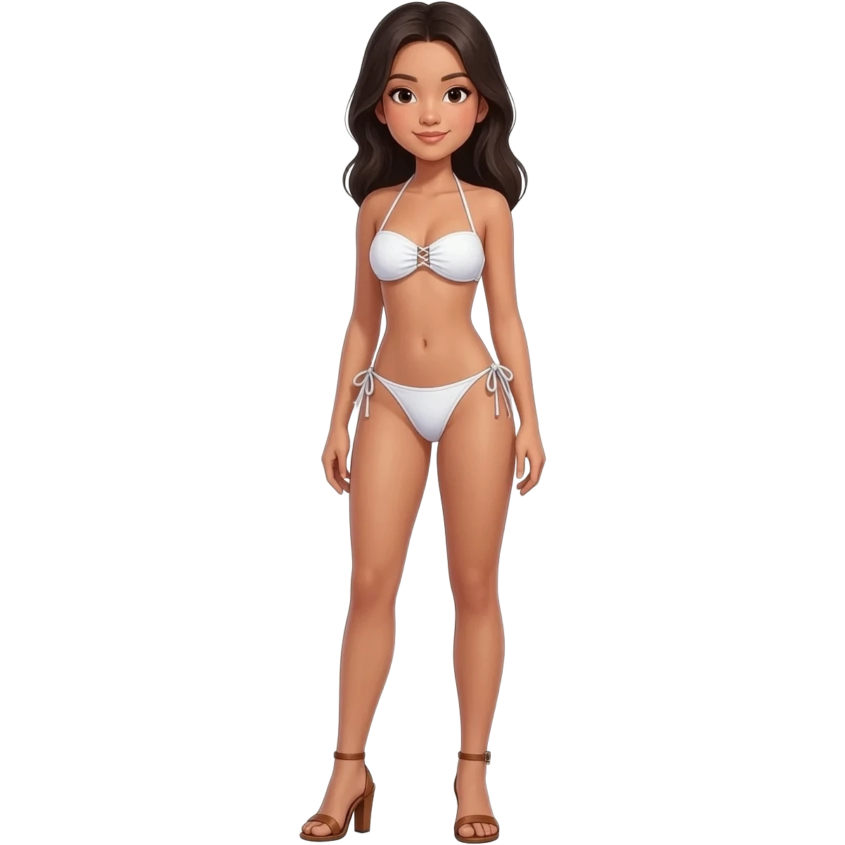 Filipino girl white push up bikini string full body slim stand straight with high heels sandals brown emoji