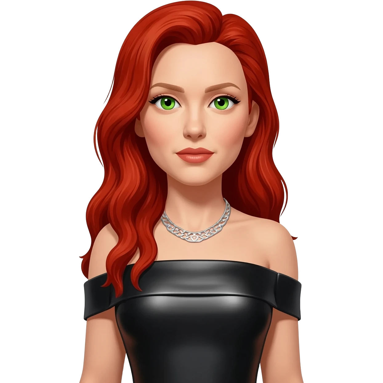 Scarlett Johansson with green eyes, long red hair, black metallic off shoulder long dress, silver necklace emoji