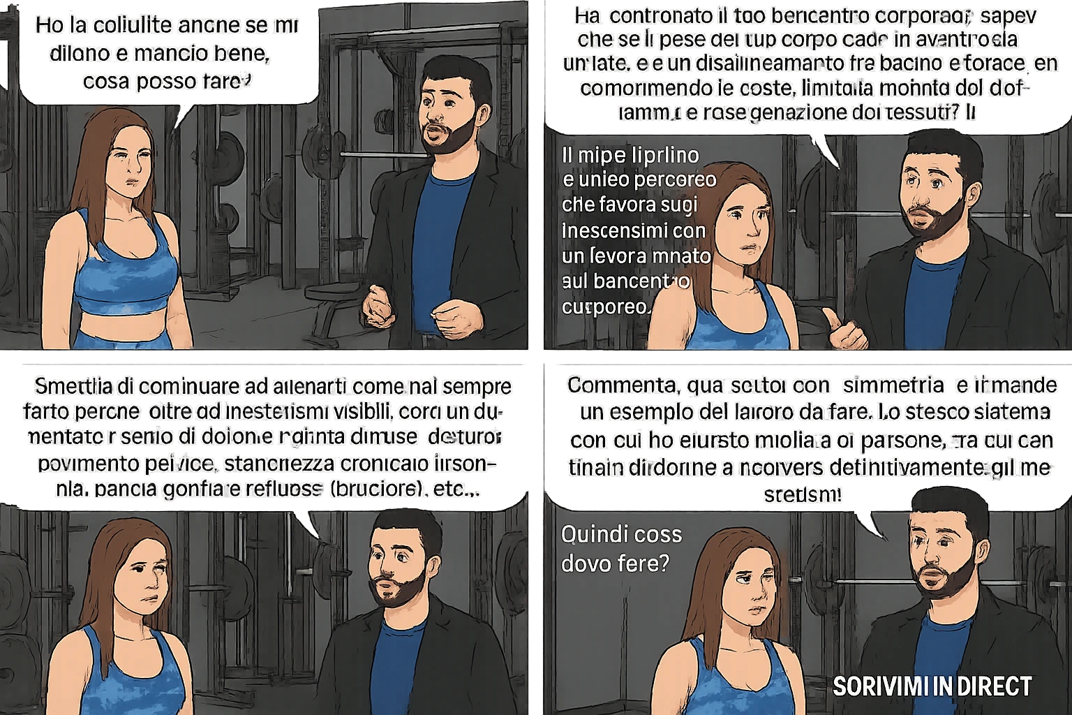 TRASFORMA QUESTO CAROSELLO IN UN FUMETTO CON QUESTE DUE PERSONE IDENTICHE CHE INTERLOQUISCONO TRA LORO:

Ho la cellulite anche se mi alleno e mangio bene, cosa posso fare?

Hai controllato il tuo baricentro corporeo?
Sapevi che se il peso del tuo corpo cade in avanti o da un lato, c’è un disallineamento fra bacino e torace, che comprimendo le coste, limita la motilità del diaframma e l’ossigenazione dei tessuti?
Il mio è il primo e unico percorso che lavora sugli inestetismi con un lavoro mirato sul baricentro corporeo.

Smettila di continuare ad allenarti come hai sempre fatto perché, oltre ad inestetismi visibili, corri un aumentato rischio di:
    • dolori e rigidità diffuse
    • disturbi pavimento pelvico
    • stanchezza cronica o insonnia
    • pancia gonfia e reflusso (bruciore)
    • etc…


Quindi cosa devo fare?
Commenta, qua sotto, con “simmetria” e ti mando un esempio del lavoro da fare. Lo stesso sistema con cui ho aiutato migliaia di persone, fra cui centinaia di donne a risolvere definitivamente gli inestetismi.
Metterei il prima e dopo

Se vuoi che ti aiuti personalmente
SCRIVIMI IN DIRECT emoji