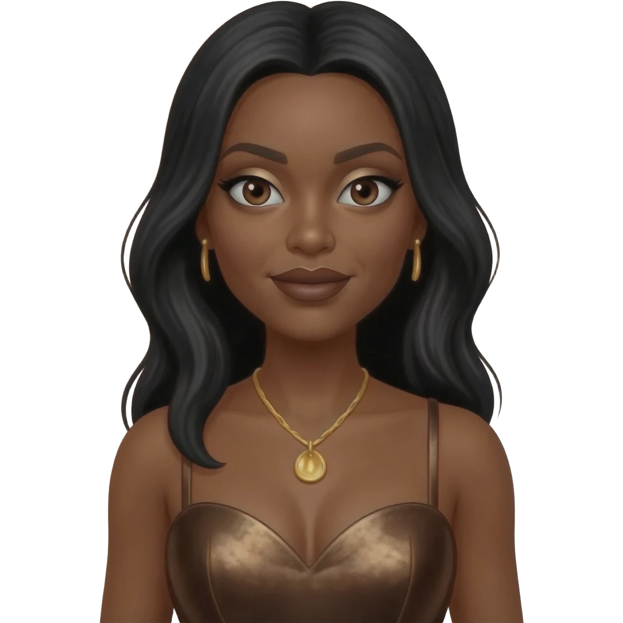 Brandy Norwood with dark brown eyes, long black hair, beige eyeshadow, dark brown lipstick, dark brown metallic sweetheart dress, gold necklace and earrings emoji