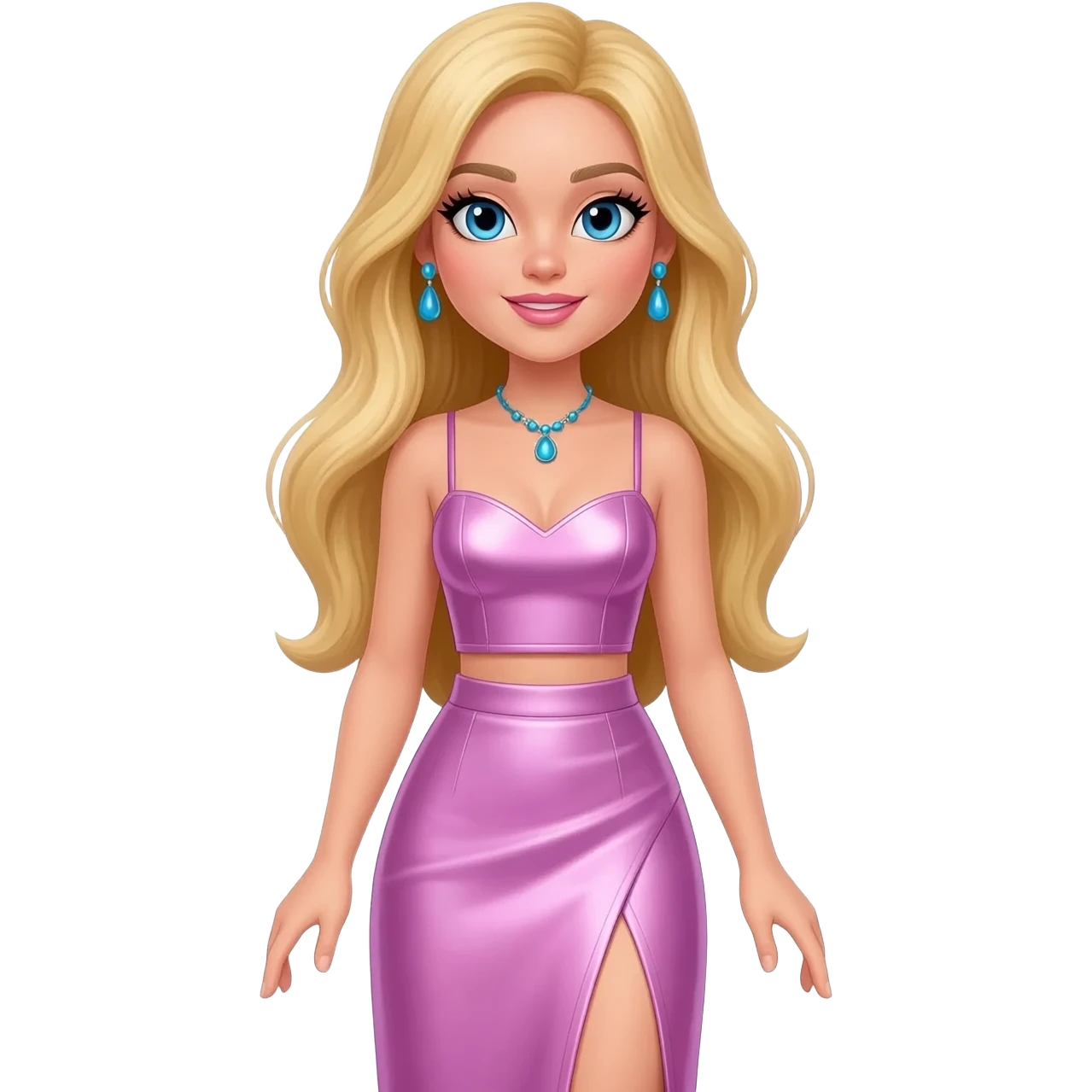 Cloe from Bratz with blue eyes, long blonde hair, powder blue metallic sweetheart crop top, powder blue metallic assymetrical long skirt, blue necklace and earrings emoji