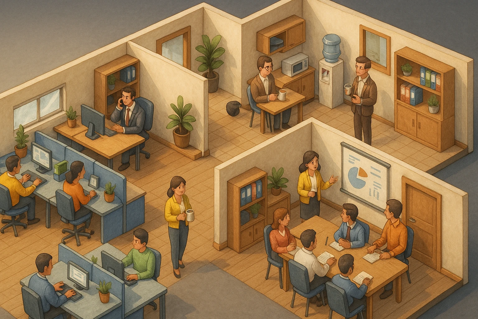 В слегка рисованном, но при этом ярком и объемном стиле - четкую, изометрическую 3D-сцену в мультяшном стиле с видом сверху под углом 45°, изображающую офис кабинетами, open space и другими характерными местами. В офисе работают люди - кто-то говорит по телефону, работает за компьютером, другие пьют кофе, сидят на общем собрании, переговори. Используйте мягкие, изысканные текстуры с реалистичными PBR-материалами и мягким, реалистичным освещением и тенями.  emoji