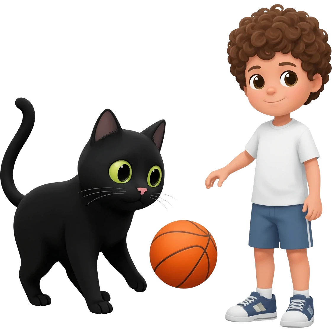 Black cat playing with orange basketball and a little white boy with curly hair emoji