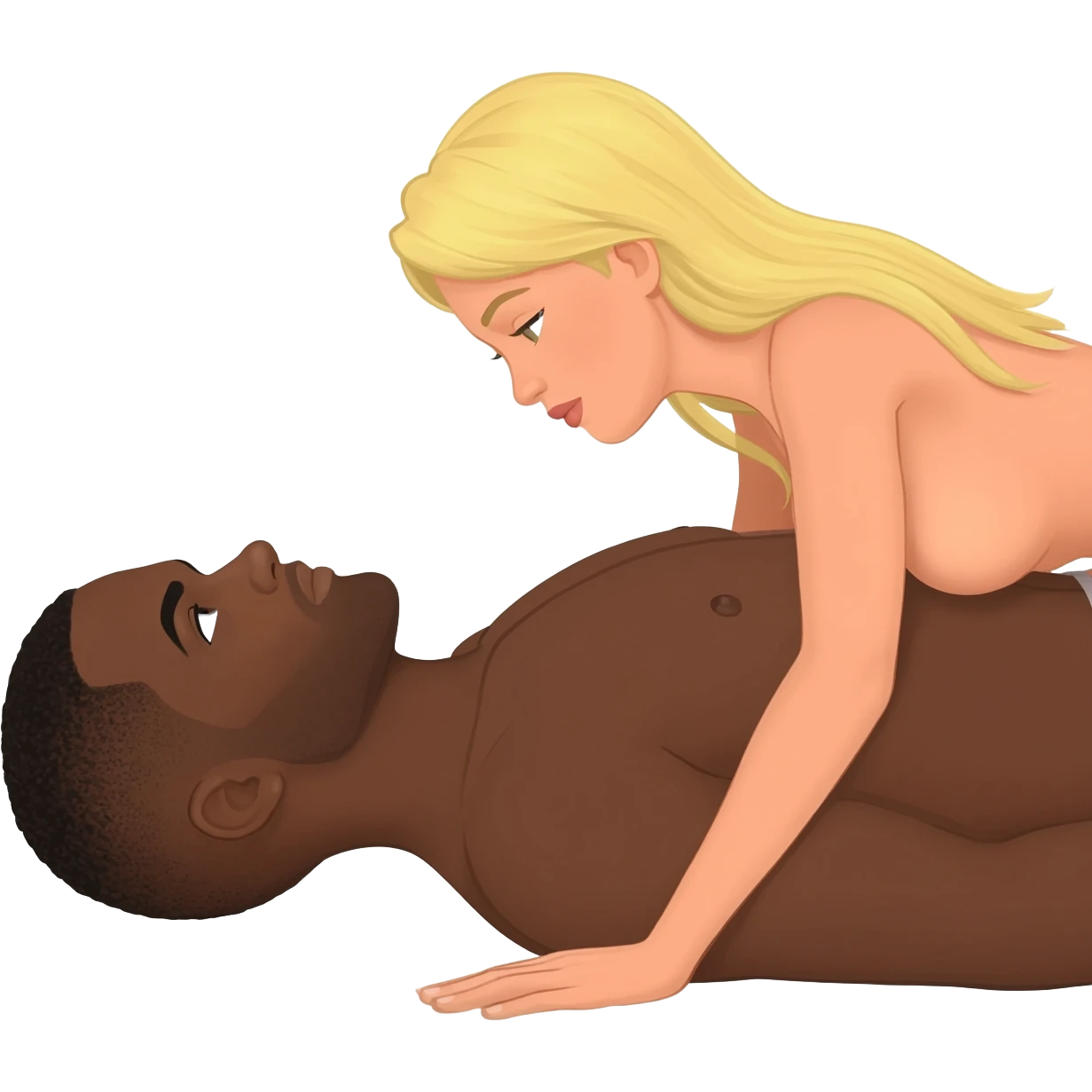 Black man with shaved head in missionary position with blonde woman emoji