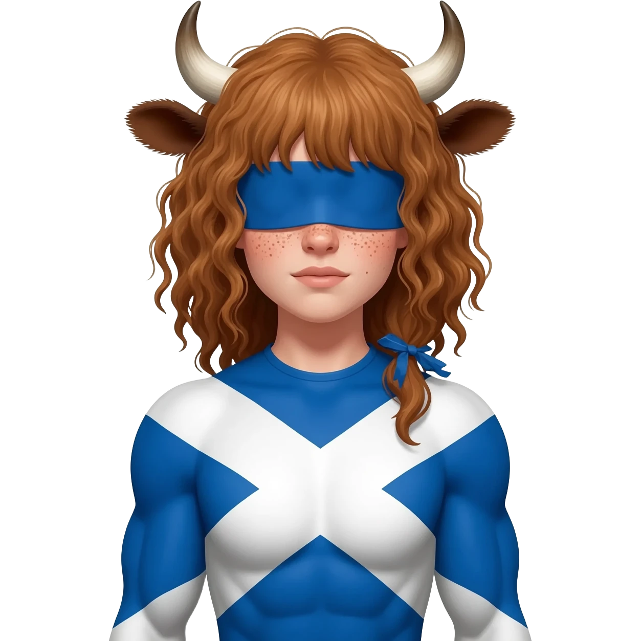 buff curly woman with freckles with messy light brown bangs covering the eyes with cow horns and cow brown ears with ribbon in her hair with body covered in Scottish flag emoji