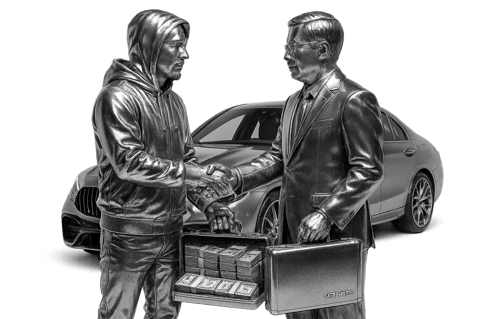 A white man with a goatee wearing a chrome hoodie, shaking hands with a Chinese man, while handing him a briefcase of money. An AMG car is in the background. emoji