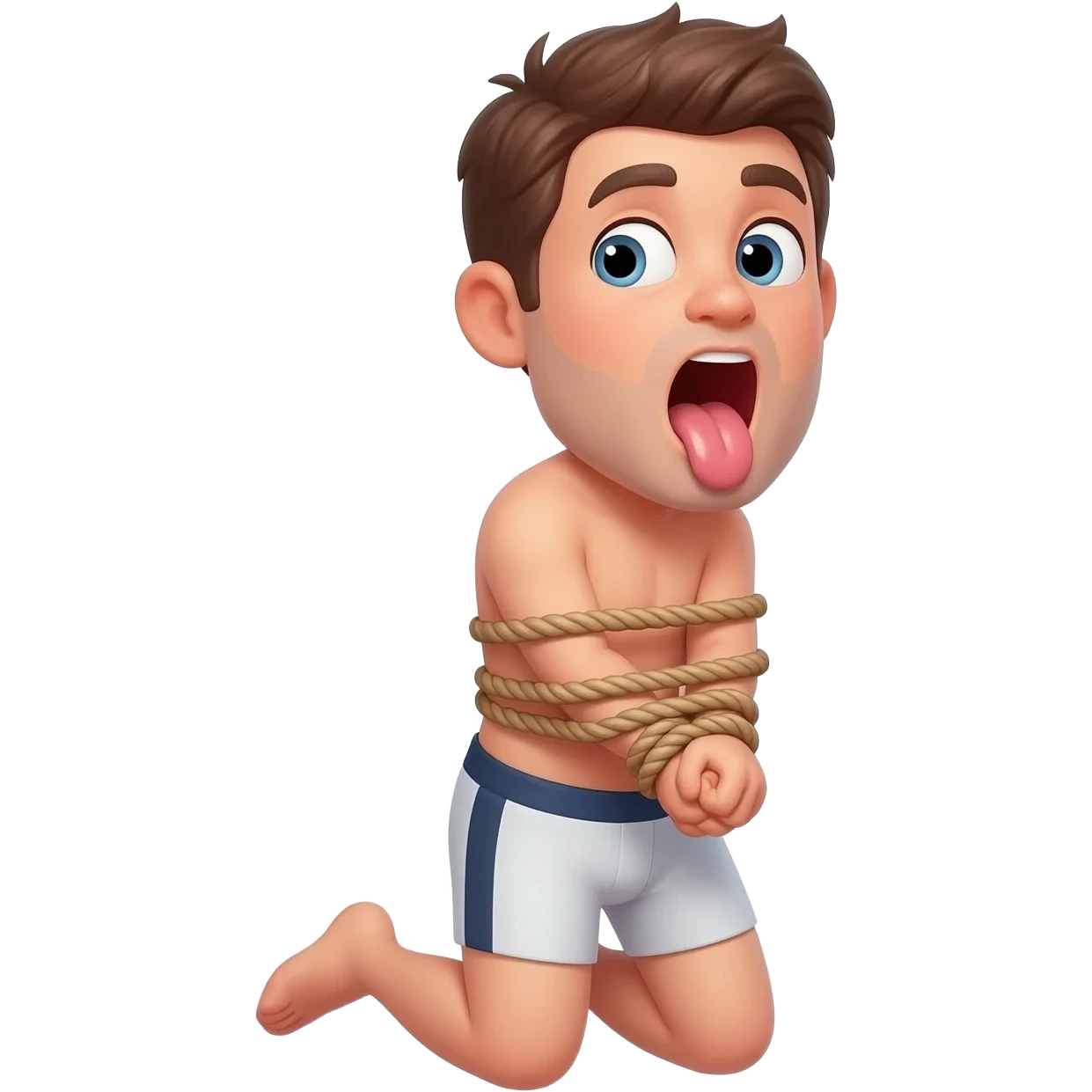 thirty year old guy wearing boxershorts standing on his knees with mouth wide open and hands tied behind his back with ropes giving a blowjob emoji