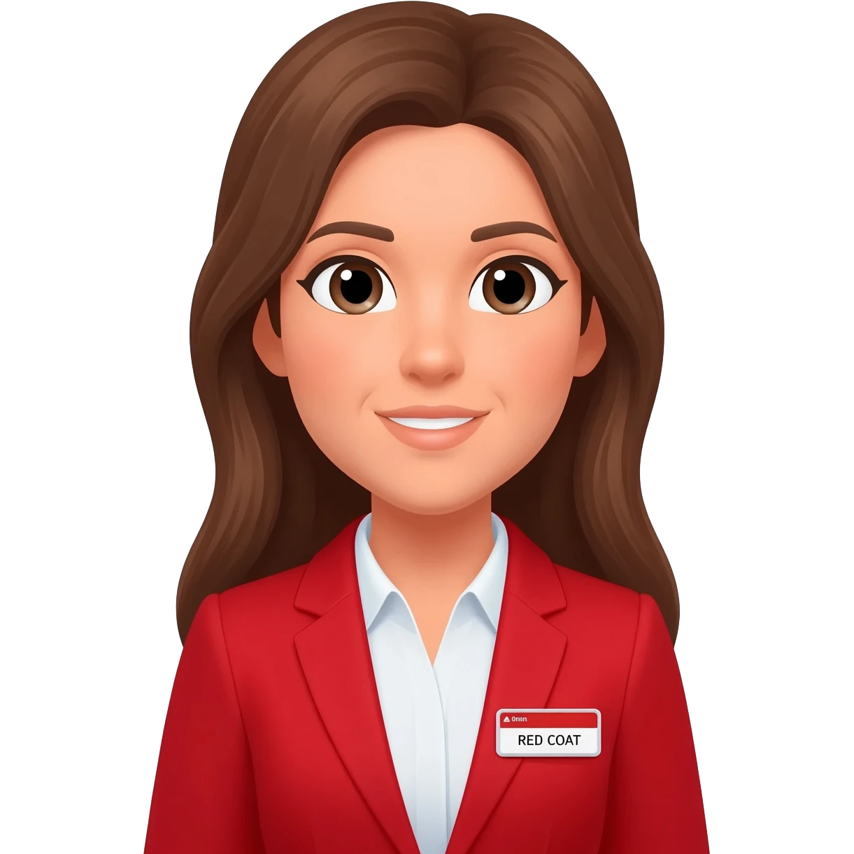 A delta Customer service agent, with a red blazer where the name tag says “RED COAT”  light skin colour and long brown hair emoji