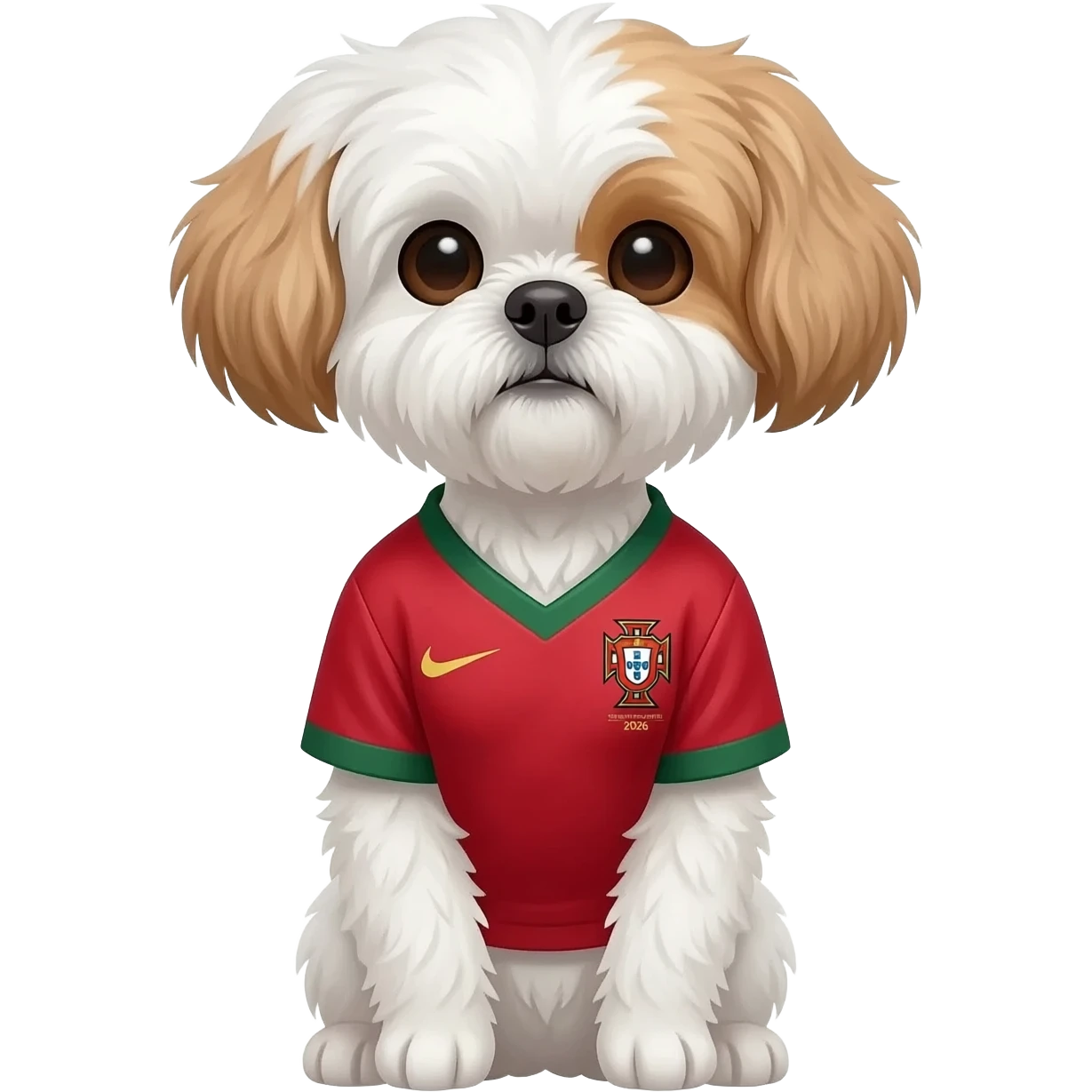 white and light brown shih zhu wearing a Portugal soccer jersey v neck 2026 work cup emoji