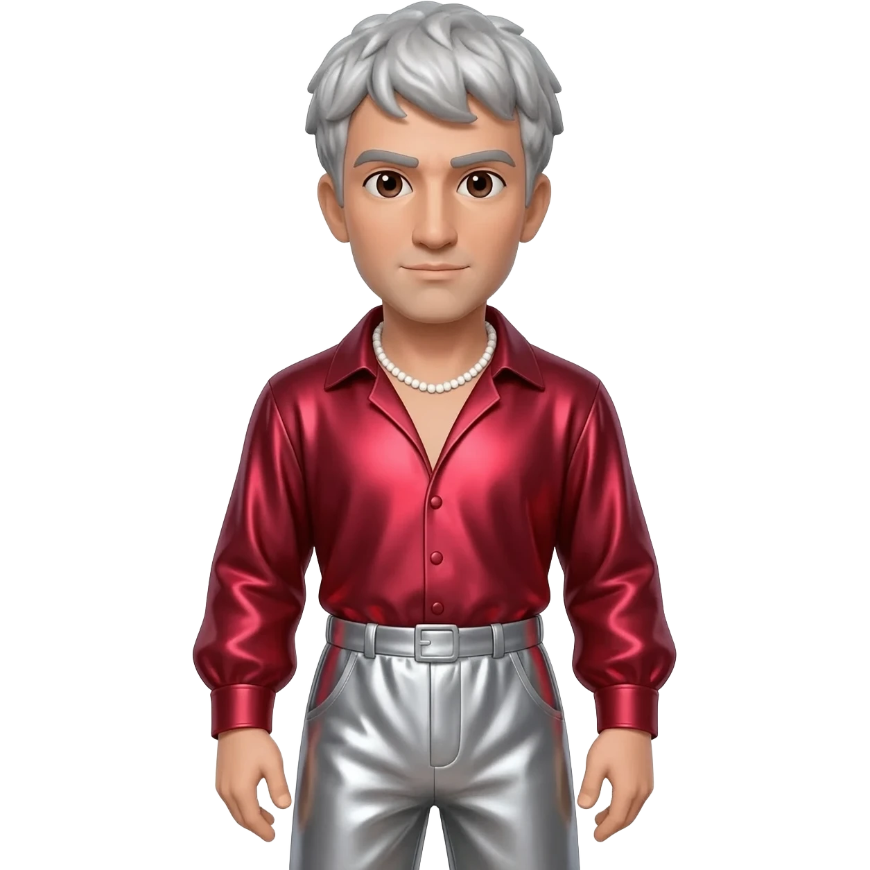 Julius Caesar with dark brown eyes, silver hair, ruby red metallic shirt, silver metallic baggy pants, white necklace emoji